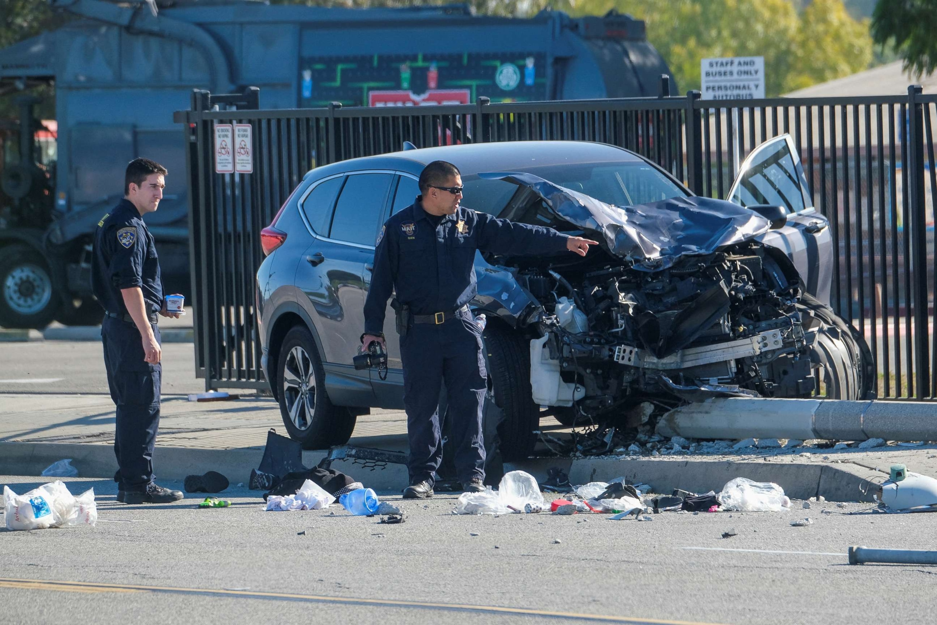 PHOTO: Law enforcement investigate the scene after multiple Los Angeles County Sheriff's Department recruits were injured when a car crashed into them while they were out for a run in Whittier, Calif., Nov. 16, 2022.