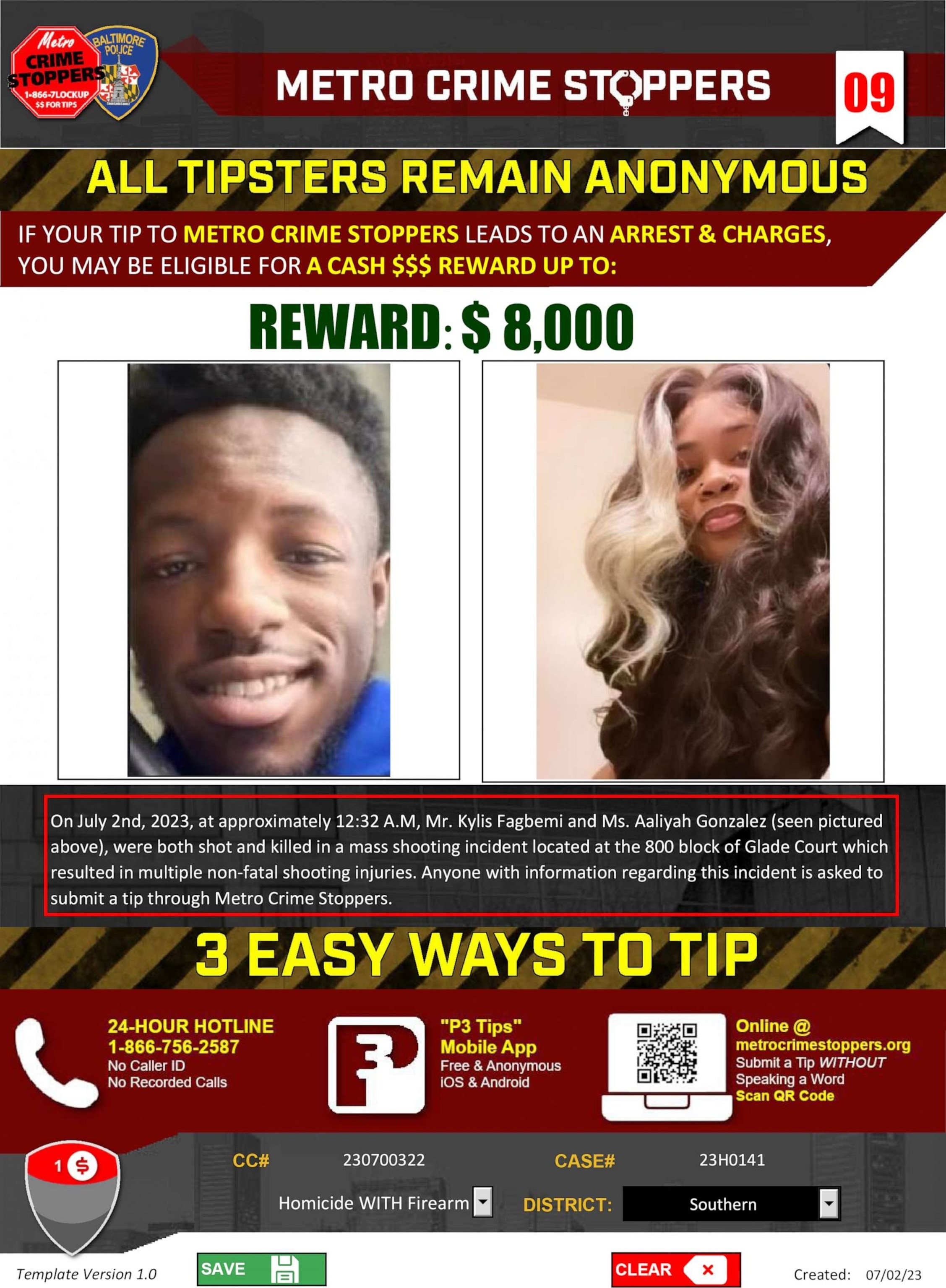 PHOTO: A reward is being offered for information leading to the shooters in the deaths of Kylis Fagbemi and Aaliyah Gonzalez, killed during a mass shooting incident at a block party in Baltimore, early July 2, 2023.