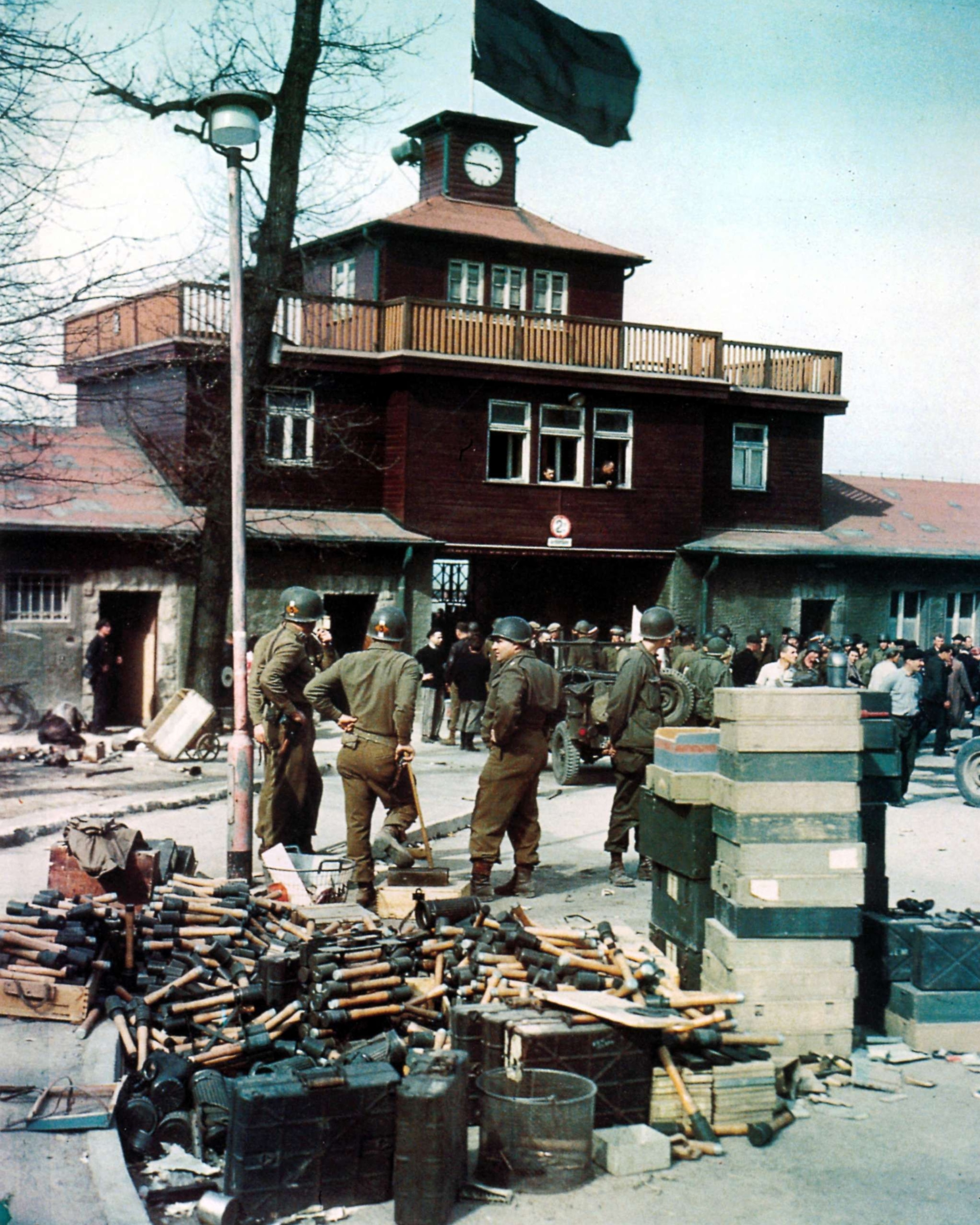 PHOTO: Members of the US 5th Ranger Infantry Battalion outside the newly-liberated Buchenwald Concentration Camp, Germany, April 1945.