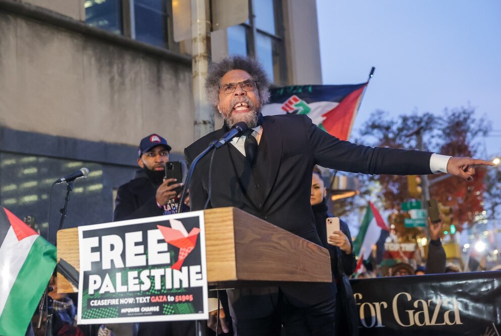 PHOTO: Cornel West, who runs for president in 2024 as an independent candidate, attends the pro-Palestinian demonstration in front of the United States Mission to the United Nations and march to Grand Central in New York, on Nov. 8, 2023.