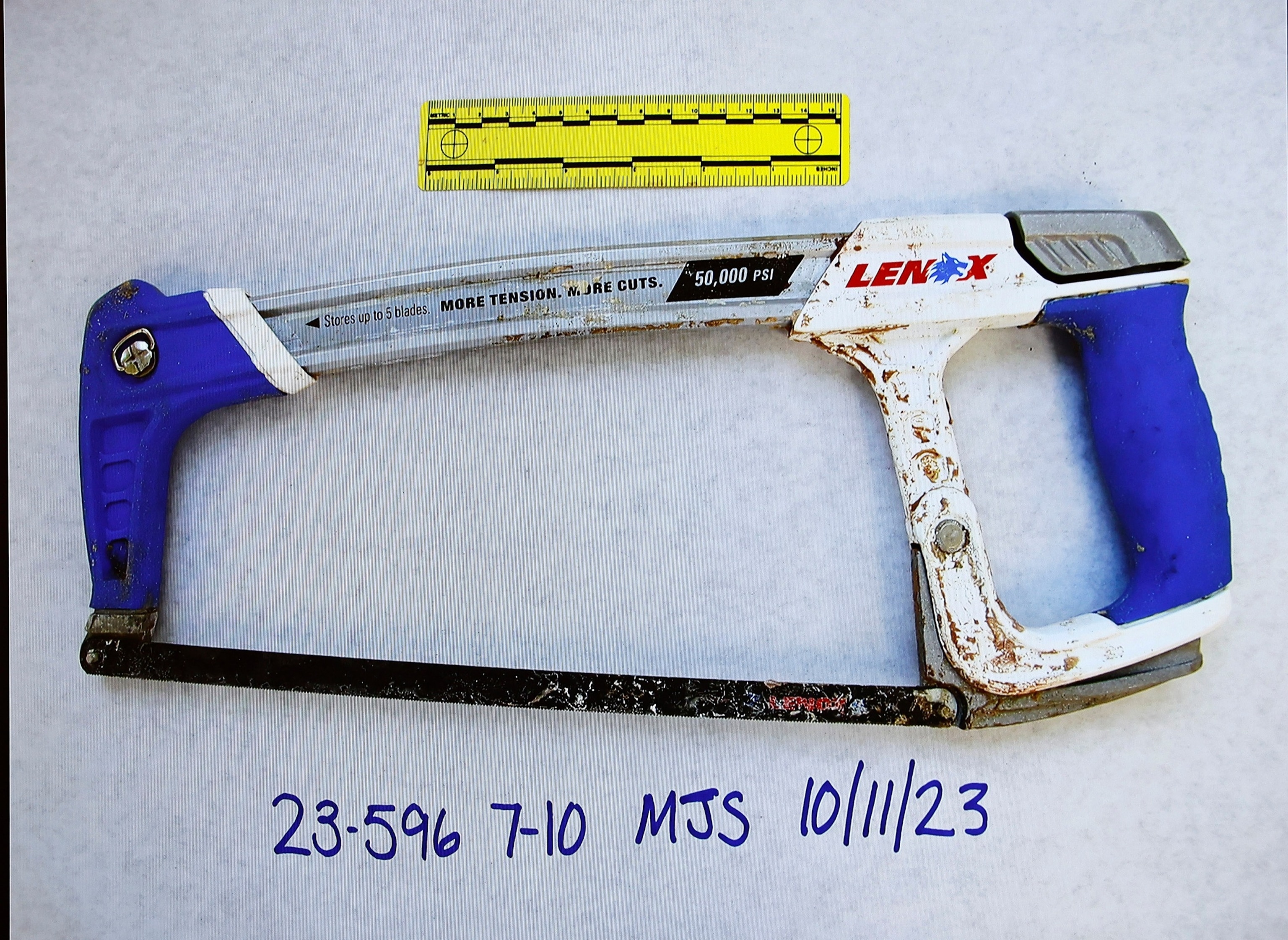PHOTO: A hacksaw, included in tools that are presented as evidence which all tested positive for blood, shown during the murder trial of Brian Walshe, who is accused of killing his wife Ana Walshe, at Norfolk Superior Court, Dec. 8, 2025, in Dedham, Mass.