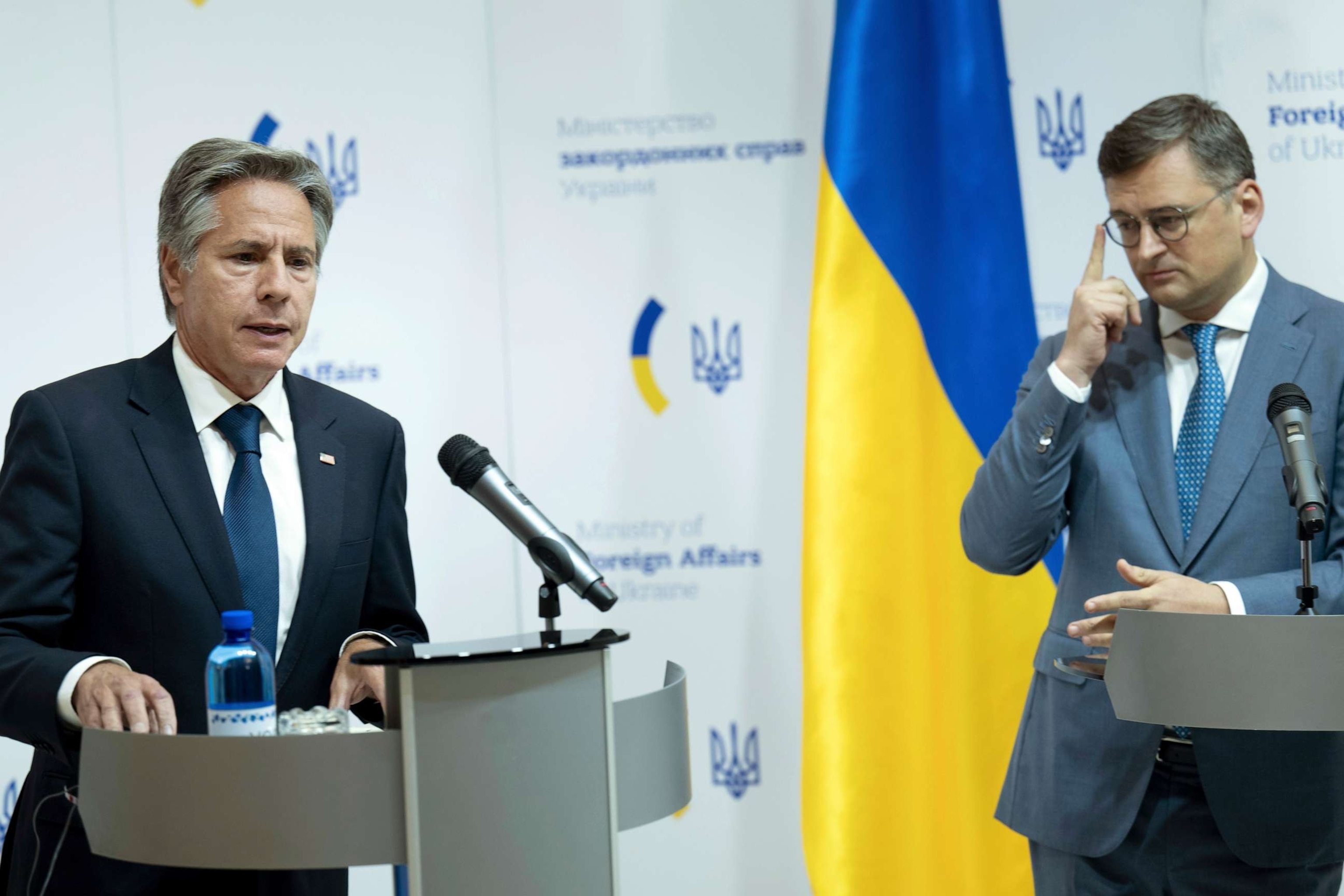 PHOTO: Ukraine's Foreign Minister Dmytro Kuleba and Secretary of State Antony Blinken speak during a news conference at the Ministry of Foreign Affairs in Kyiv, Ukraine, Sept. 6, 2023.