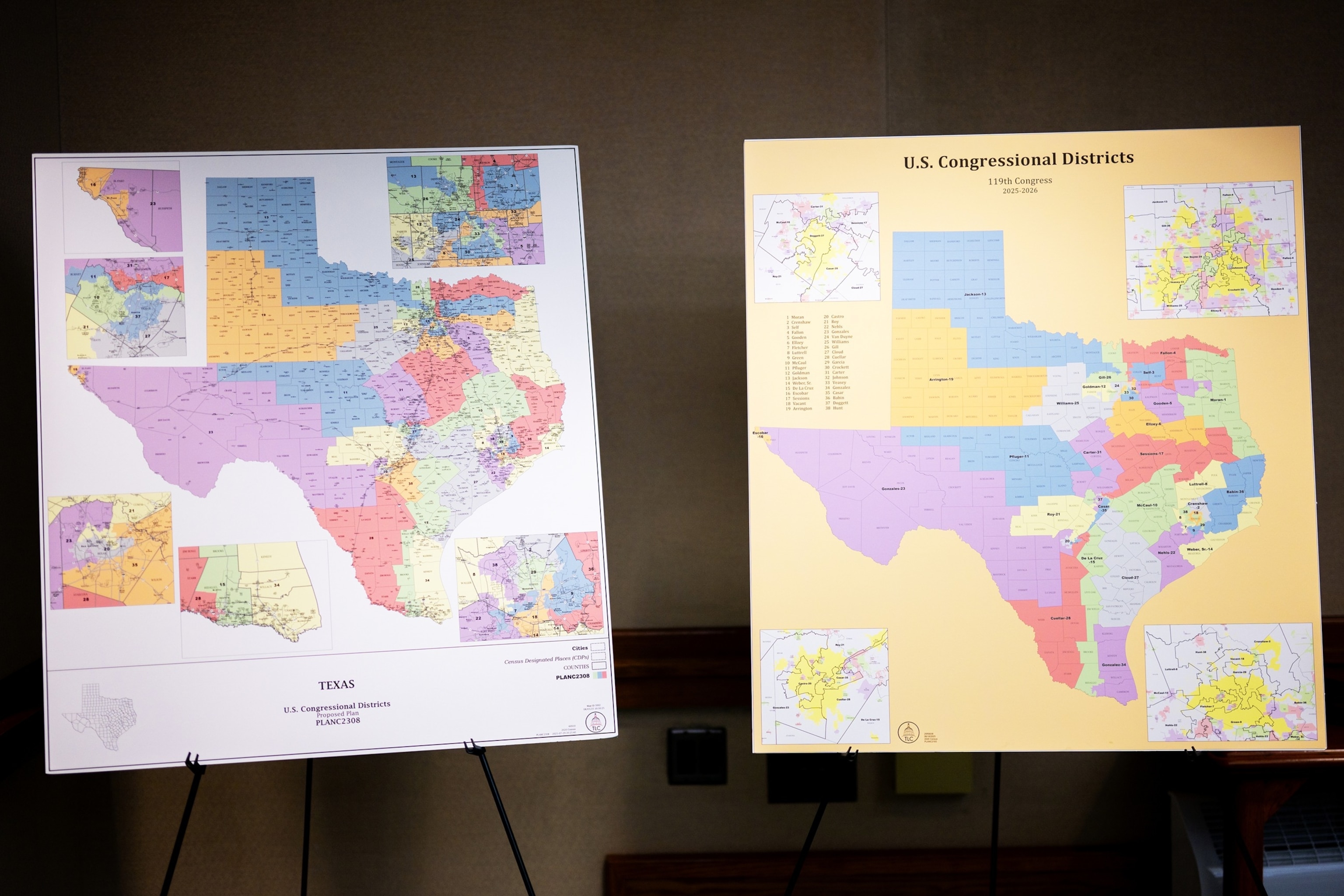 PHOTO: In this Aug. 6, 2025, file photo, U.S. Congressional District maps are displayed as the Senate Special Committee on Congressional Redistricting meets at the Texas State Capitol in Austin, Texas. 