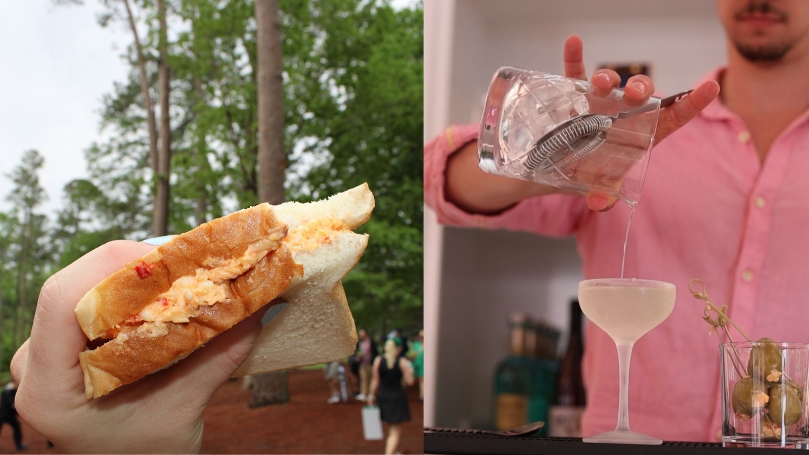 A pimento cheese sandwich at Augusta National Golf Club and a pimento cheese martini with pimento cheese olives.
