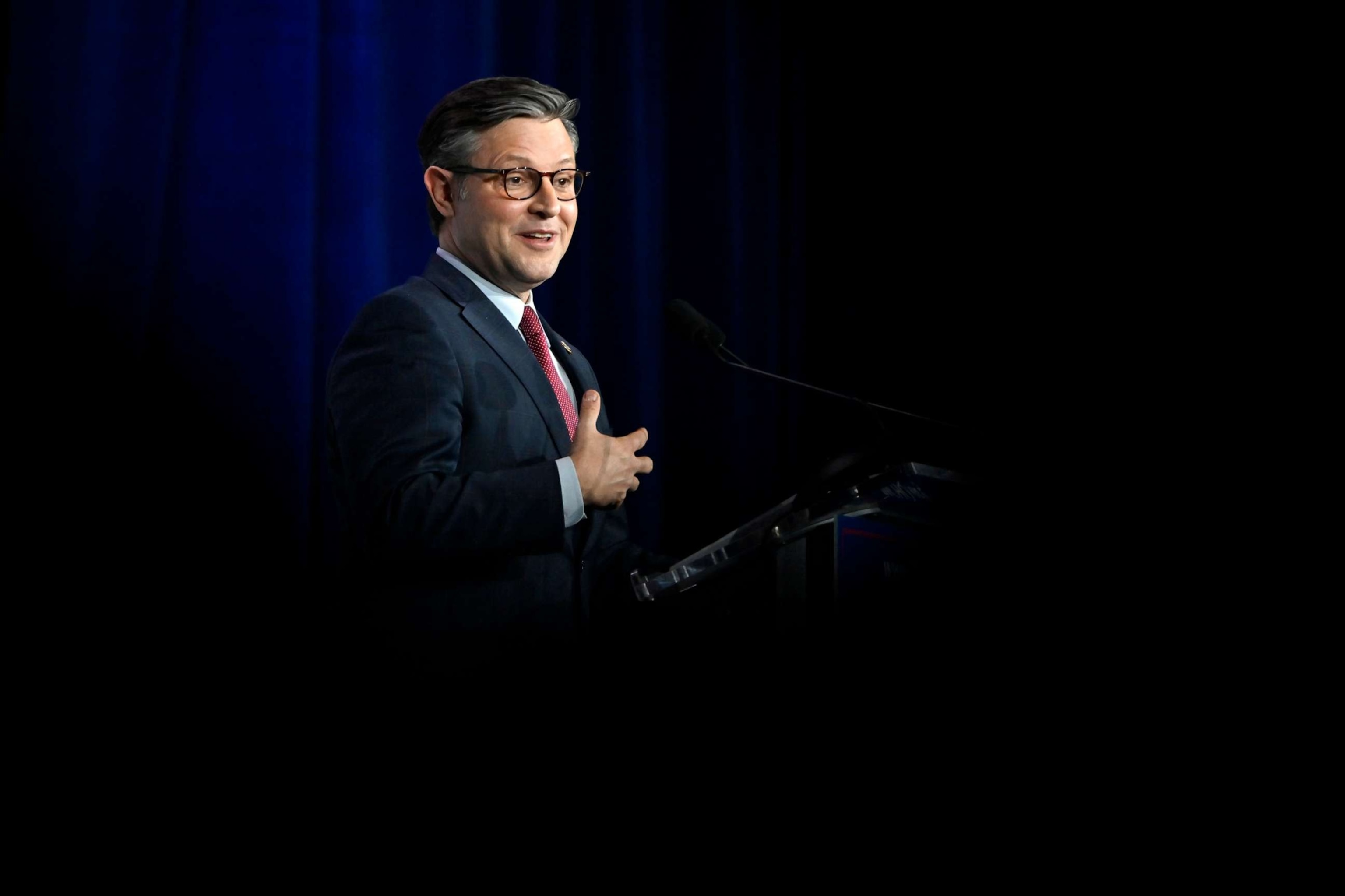 PHOTO: Speaker of the House Mike Johnson speaks at an annual leadership meeting of the Republican Jewish Coalition, Oct. 28, 2023, in Las Vegas.