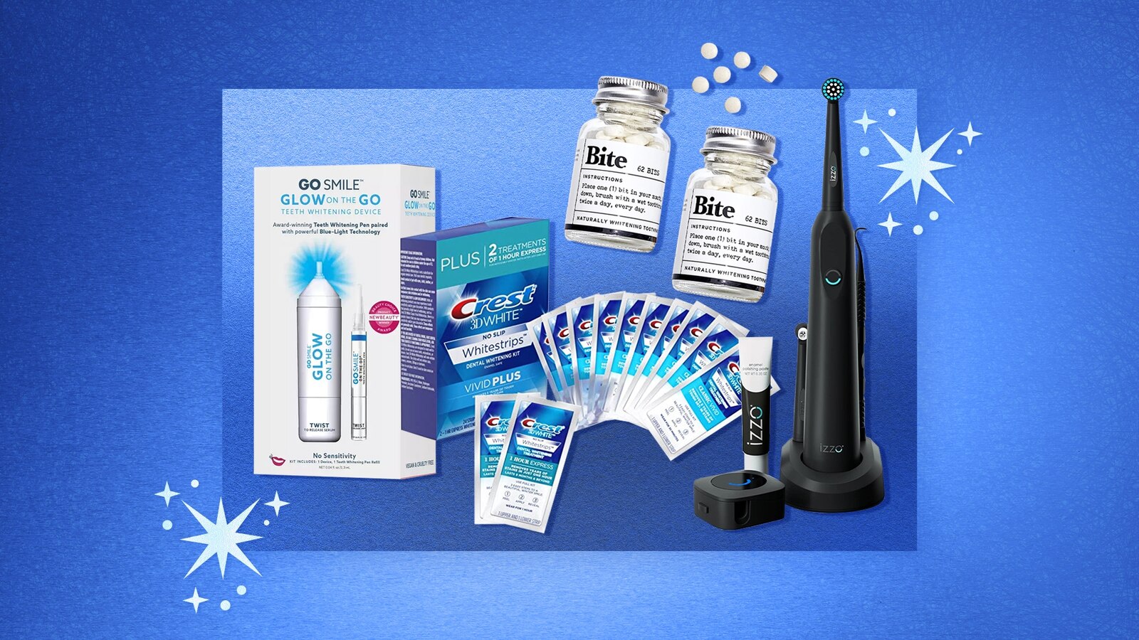Teeth whitening products from Crest, Go Smile and more.