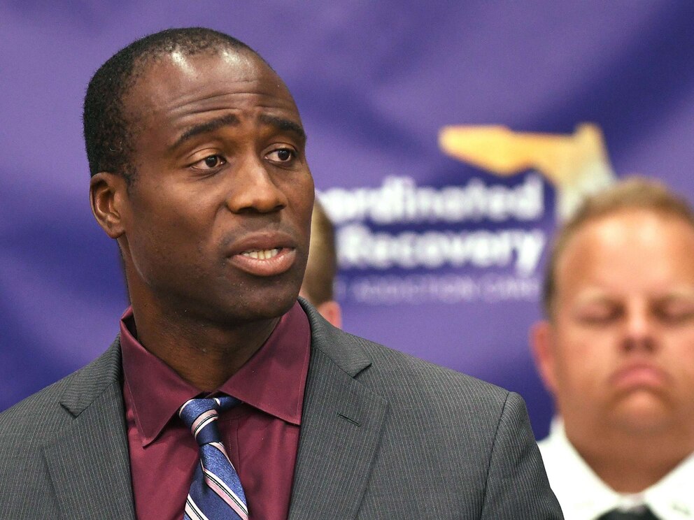 PHOTO: Florida surgeon general Joseph Ladapo speaks at a press conference where Gov. Ron DeSantis announced the expansion of a new, piloted substance abuse and recovery network to disrupt the opioid epidemic, in Rockledge, Fla., Aug. 3, 2022.