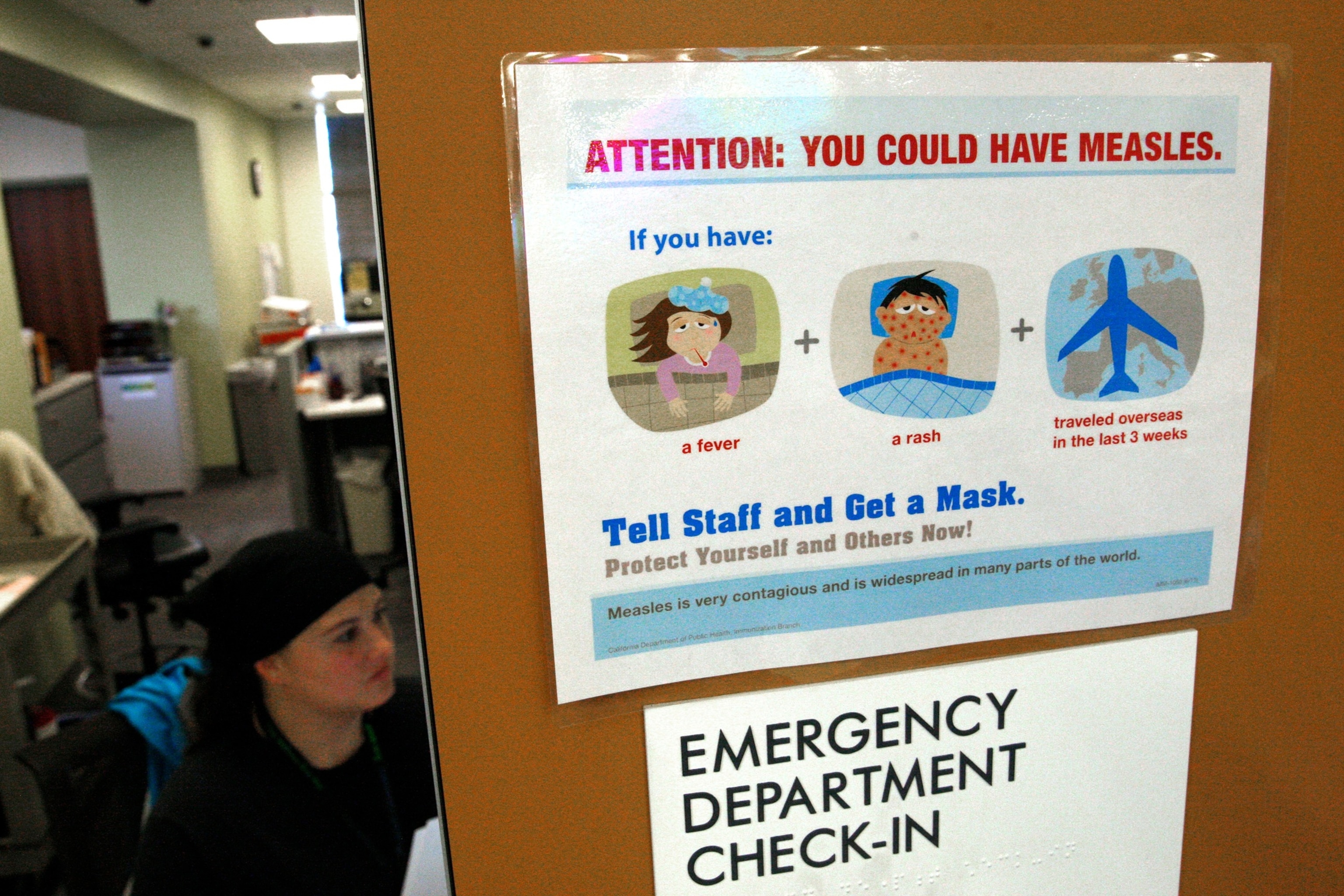 Measles literature seen at Kaiser's emergency department check-in at Redwood City, Calif., on Friday, Jan. 23, 2015. 