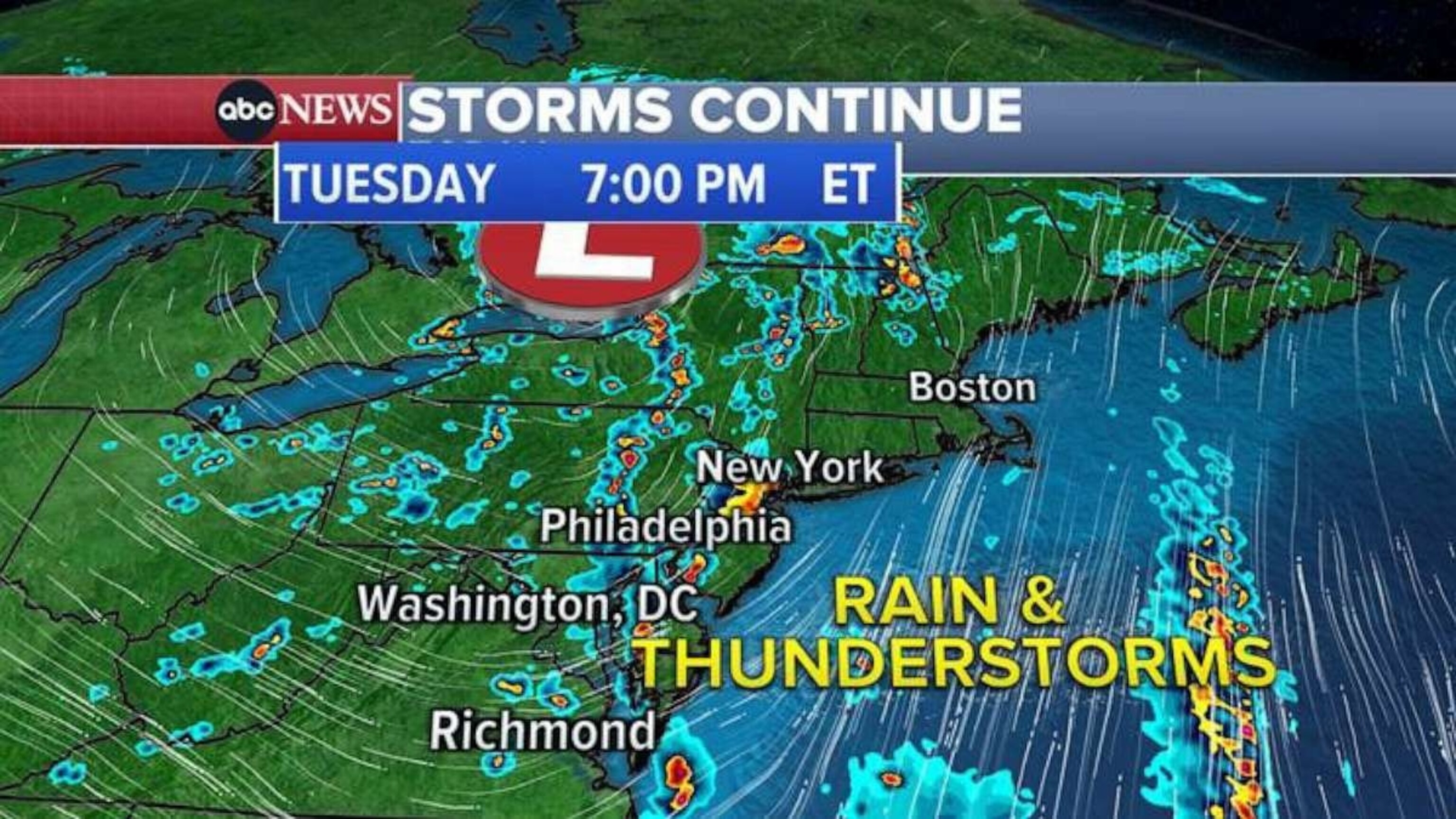 PHOTO: The areas along Interstate 95 will begin seeing storms develop after 3 p.m. ET that will last into the night on June 27, 2023.