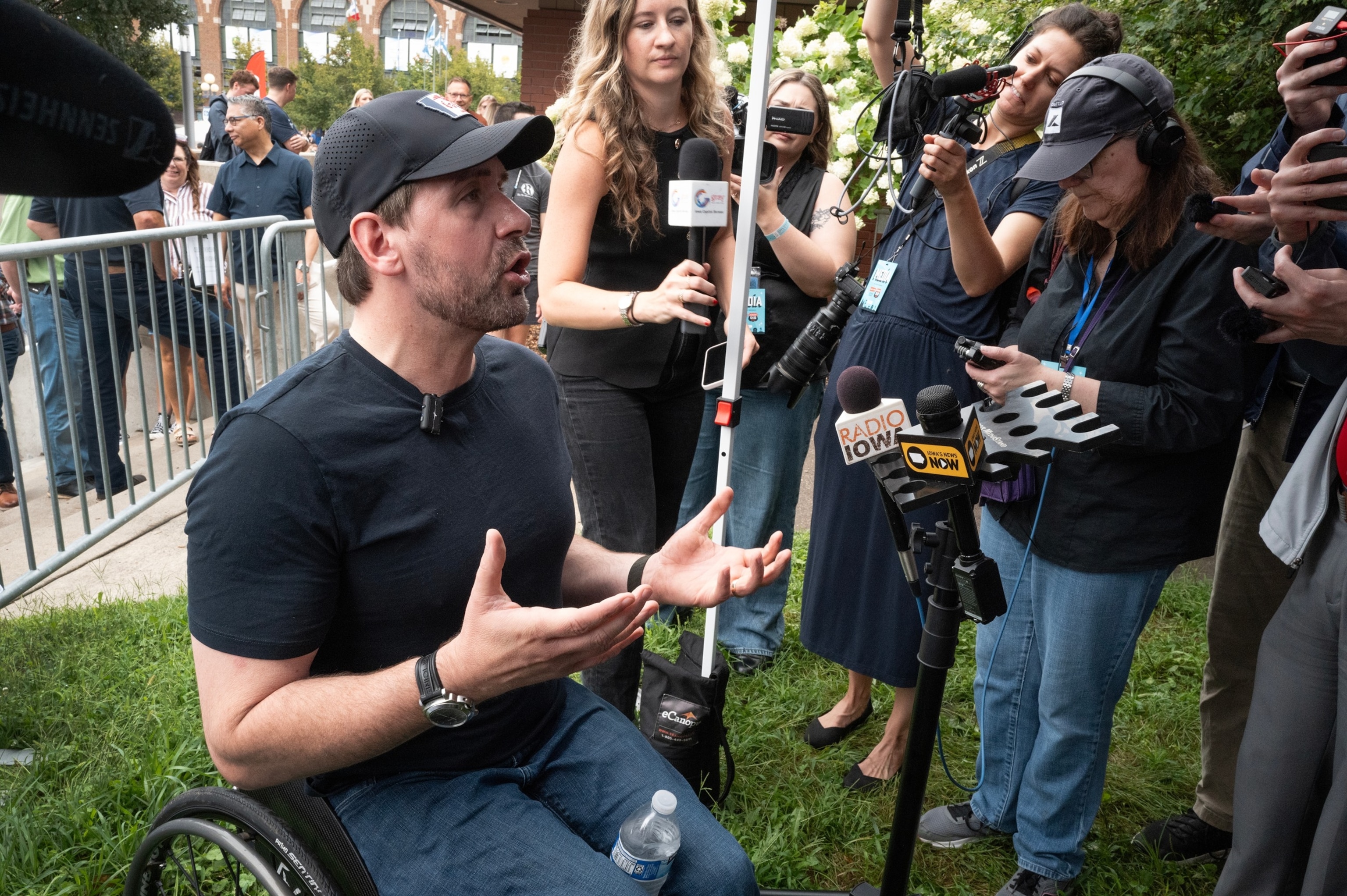 PHOTO: Democratic nominee for the U.S. Senate Josh Turek speaks to the media during a visit to the Iowa State Fair on Aug. 4, 2026, in Des Moines, Iowa.