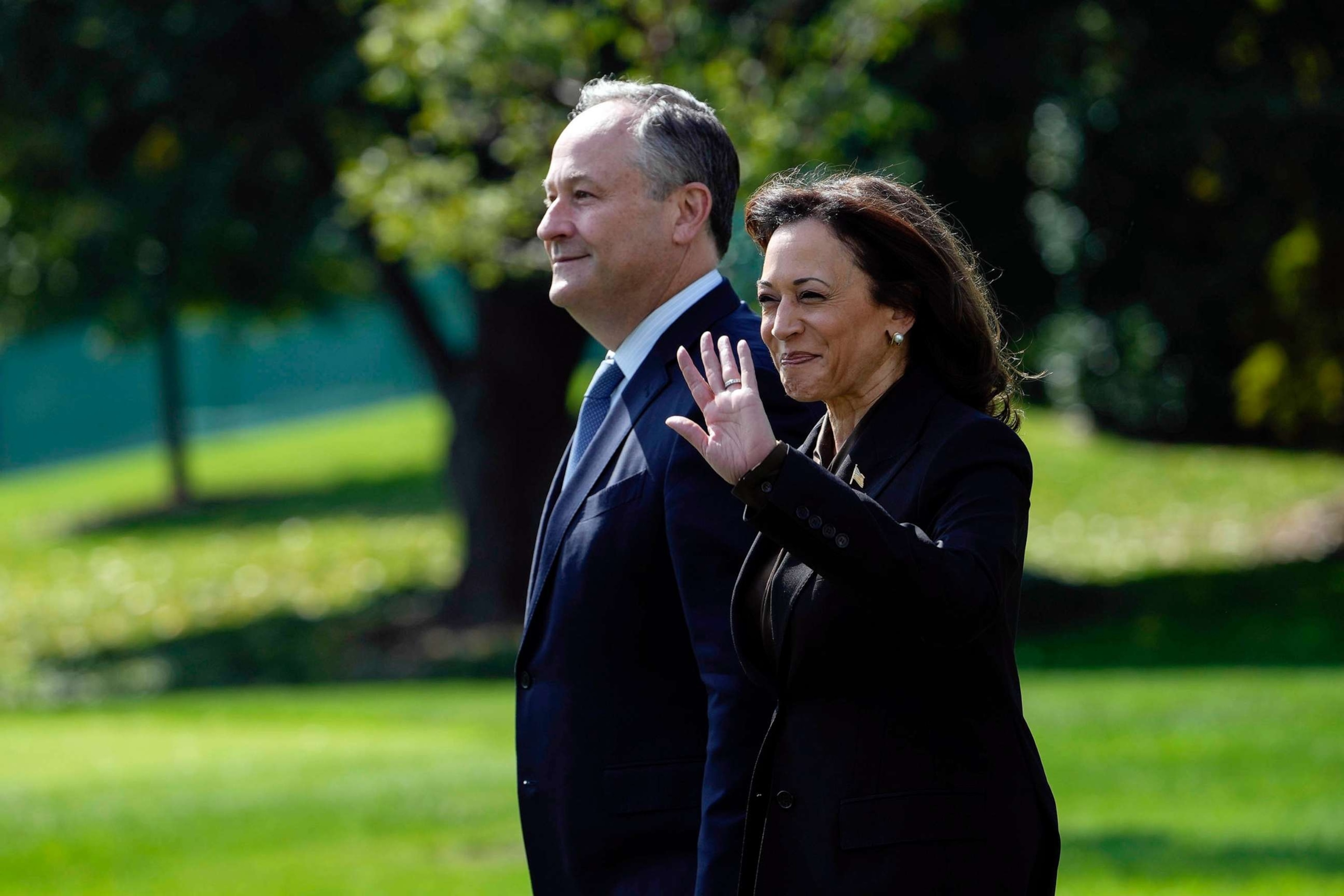 PHOTO: Vice President Kamala Harris and her husband Doug Emhoff arrive for an event on the Americans with Disabilities Act (ADA) on the South Lawn of the White House in Washington, Oct. 2, 2023.