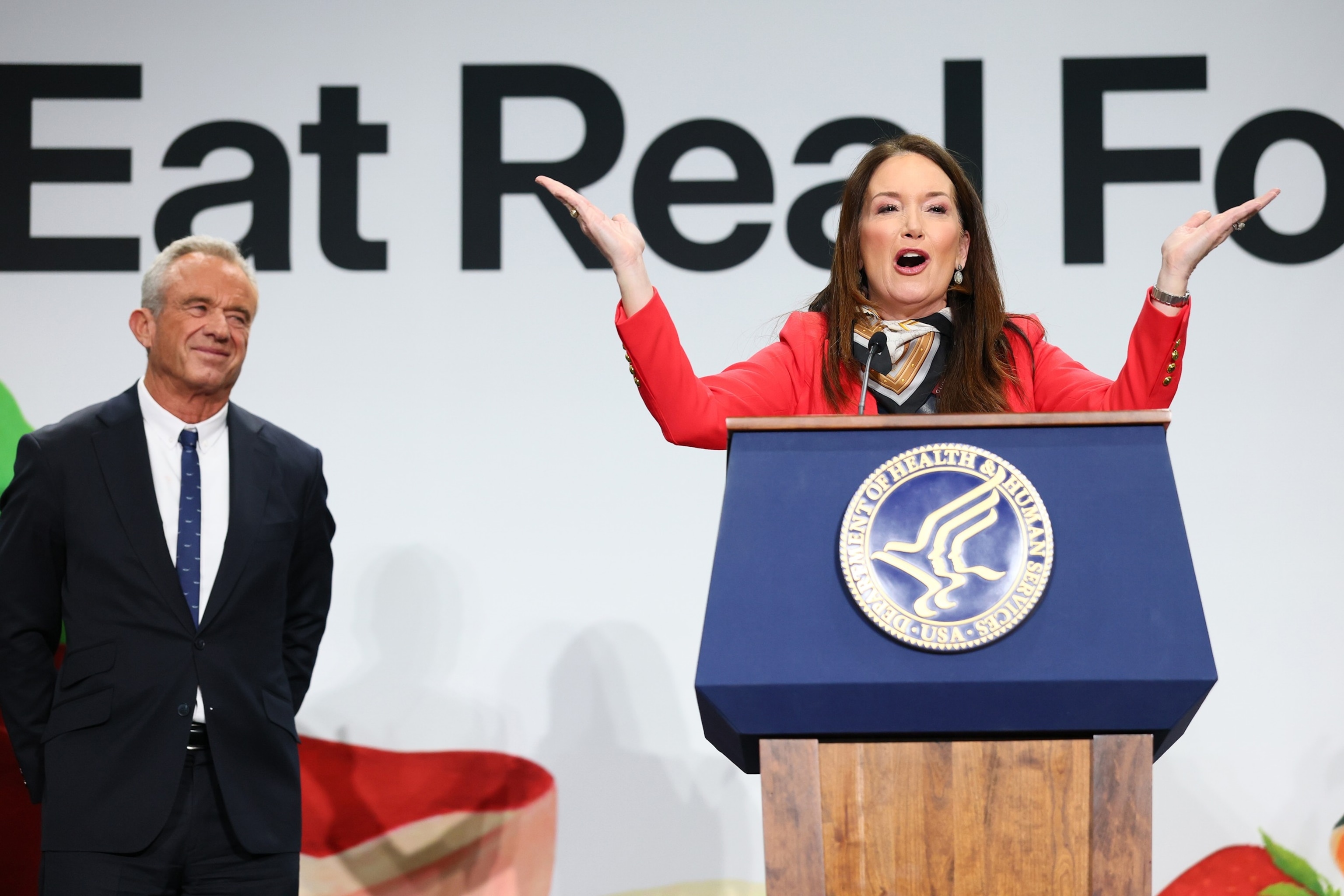 PHOTO: Sec. of HHS Robert F. Kennedy Jr. stands silently as Agriculture Sec. Brooke Rollins speaks during an event at the Health and Human Services Headquarters, on Feb. 11, 2026, in Washington, D.C.