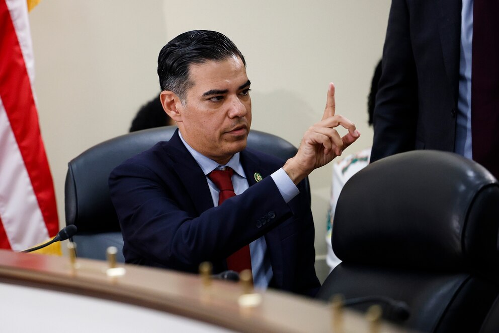 PHOTO: In this July 23, 2025, file photo, Rep. Robert Garcia gestures as the House Committee on Oversight and Government Reform Subcommittee on Federal Law Enforcement meets in the Rayburn House Office Building in Washington, D.C. 