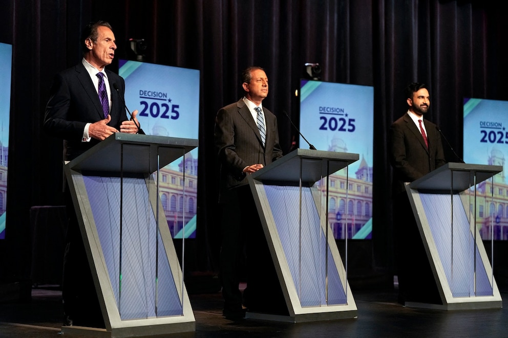 PHOTO: Andrew Cuomo, Brad Lander and Zohran Mamdani participate in the New York City Democratic Mayoral Primary Debate on June 12, 2025, in New York.