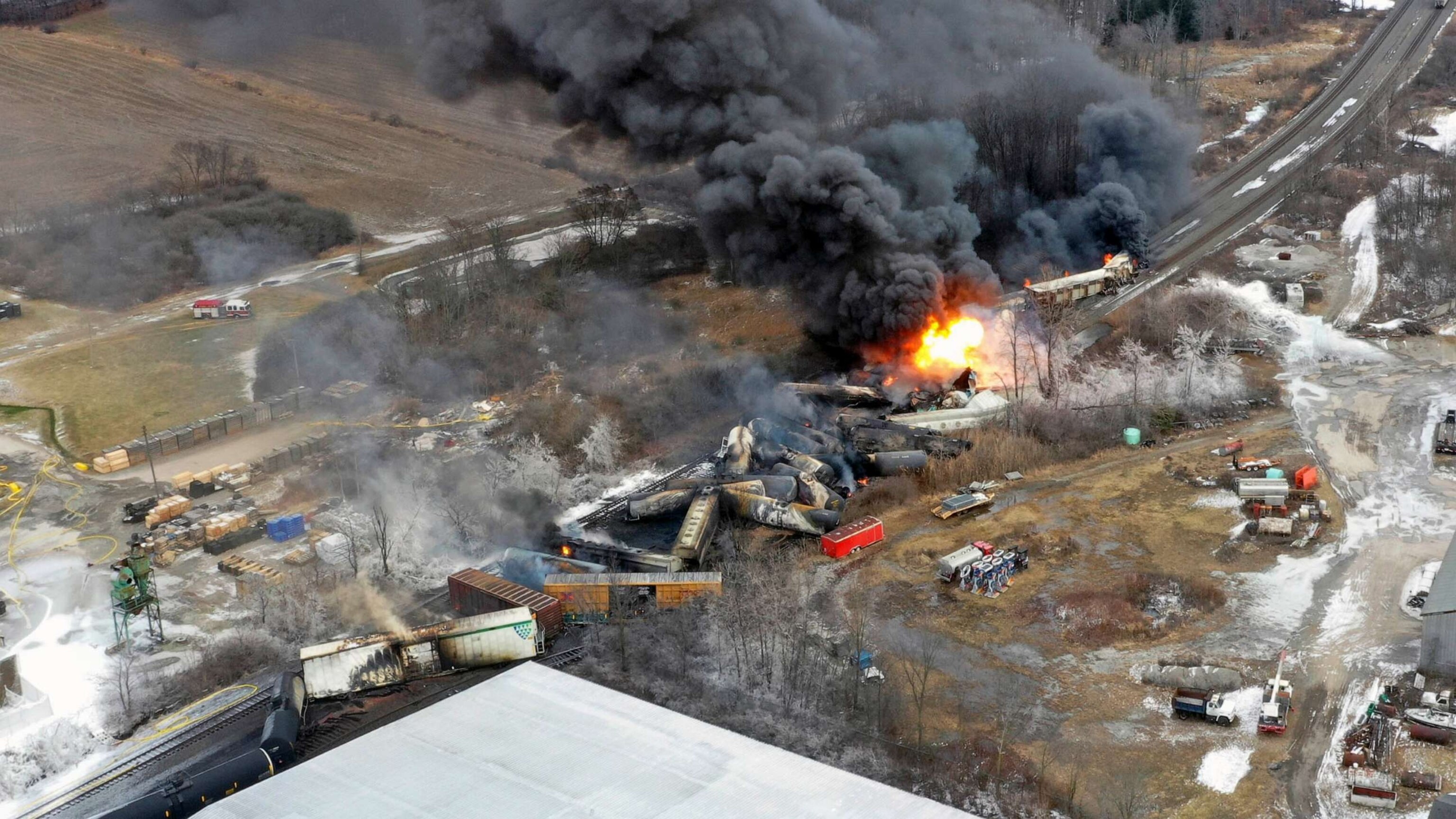 PHOTO: FILE - This photo taken with a drone shows portions of a Norfolk and Southern freight train that derailed Friday night in East Palestine, Ohio, Feb. 4, 2023.