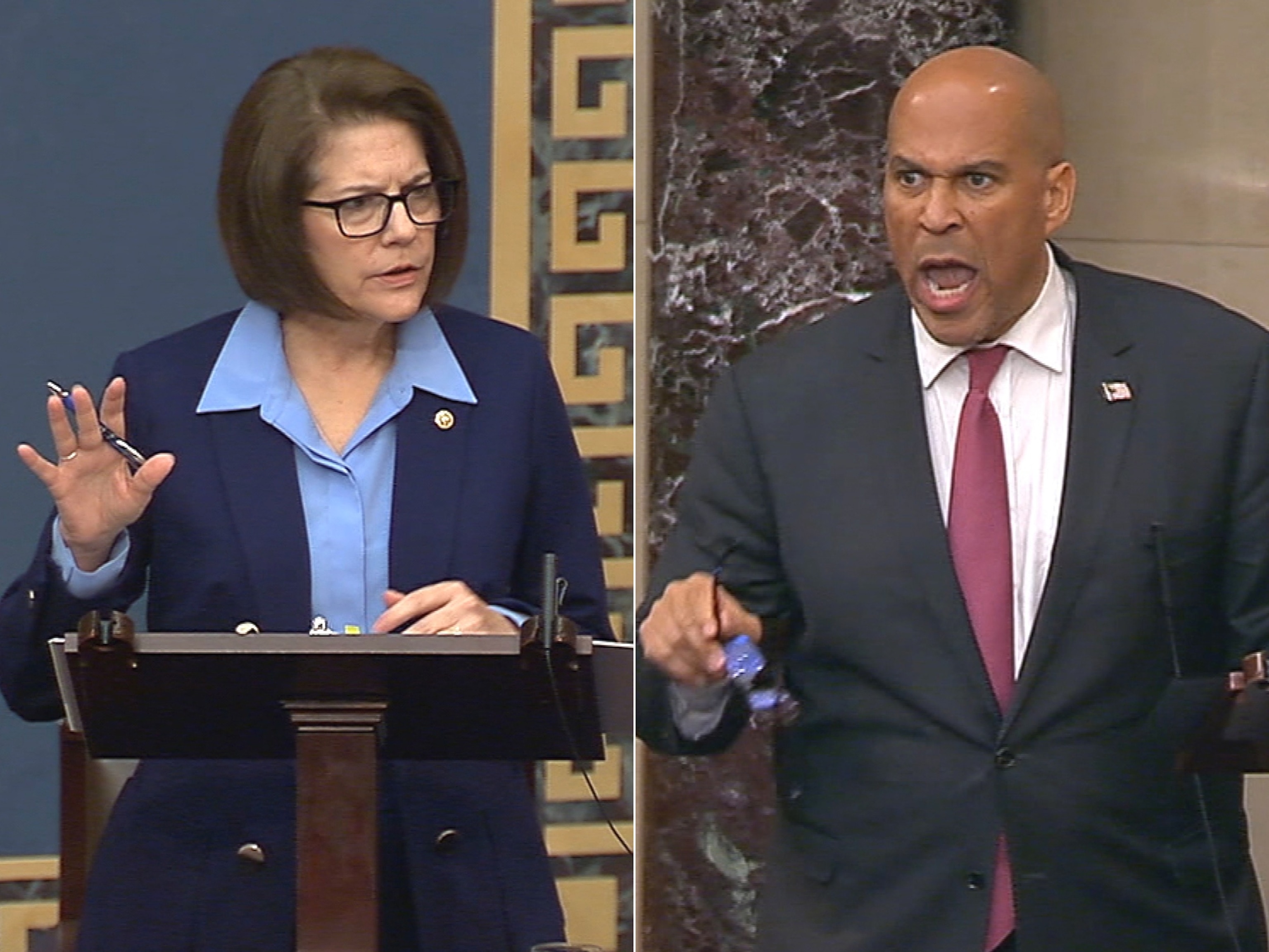PHOTO: Democratic Sens. Catherine Cortez Masto, left, Cory Booker, right, and Amy Klobuchar, not shown, got into a heated argument on July 29, 2025.