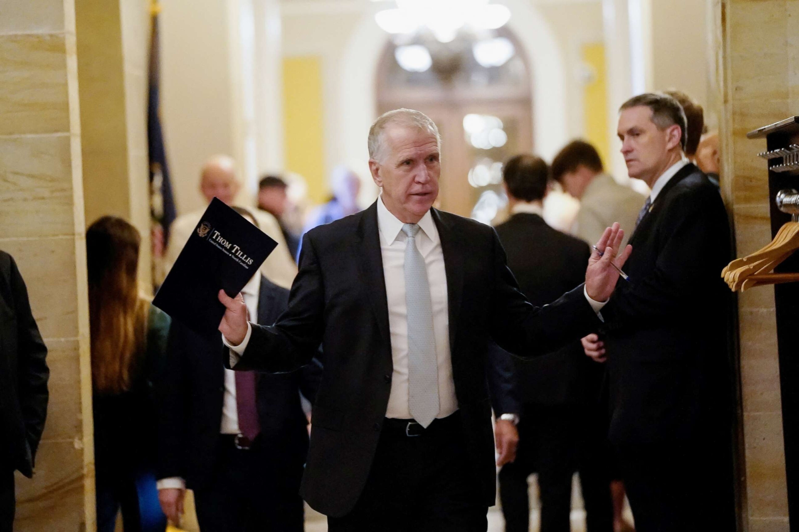 PHOTO: Senator Thom Tillis (R-NC) arrives as Senate Republicans meet for leadership elections at the Capitol in Washington, D.C., on Nov. 16, 2022. 