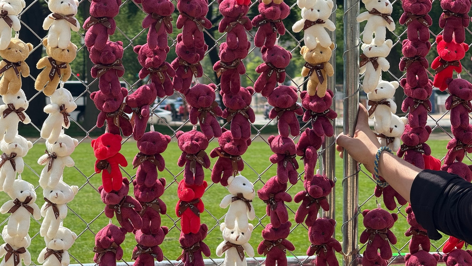 A hand grasps the teddy bear-studded installation meant to raise attention to missing Ukrainian children.