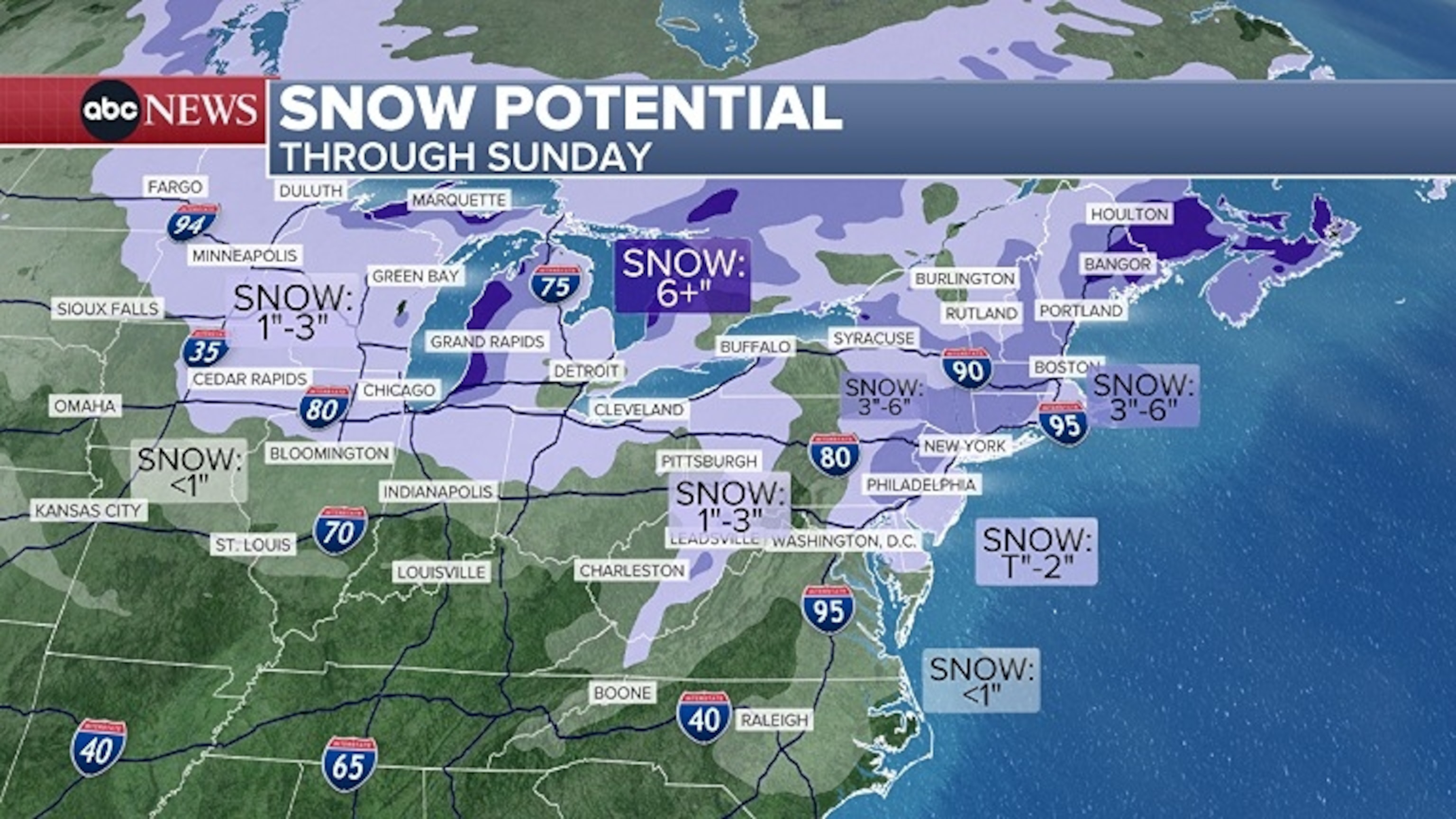PHOTO: Some higher snowfall amounts of 2 to 6+ inches will be possible north and west of the I-95 corridor and parts of interior New England.