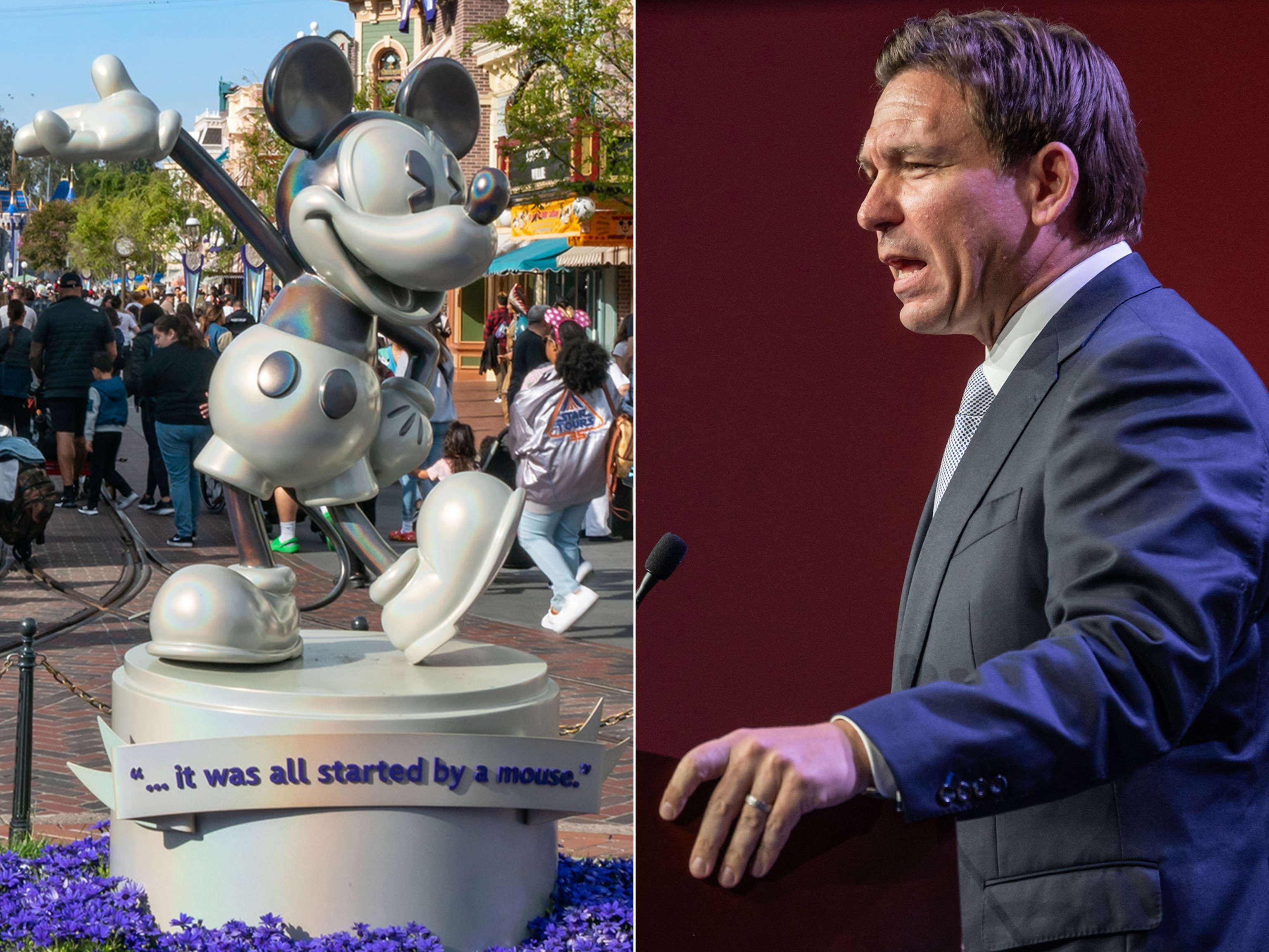 PHOTO: In this March 13, 2023, file photo, a Mickey Mouse statue is shown at Disneyland in Anaheim, Calif. | Florida Governor and 2024 Republican Presidential hopeful Ron DeSantis speaks at an event in Des Moines, Iowa, on July 28, 2023.