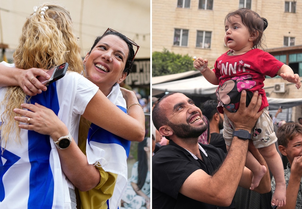 PHOTO: People embrace at Hostage Square in Tel Aviv  following news of a new Gaza ceasefire deal while Palestinians celebrate the announcement in central Gaza Strip, Oct. 9, 2025