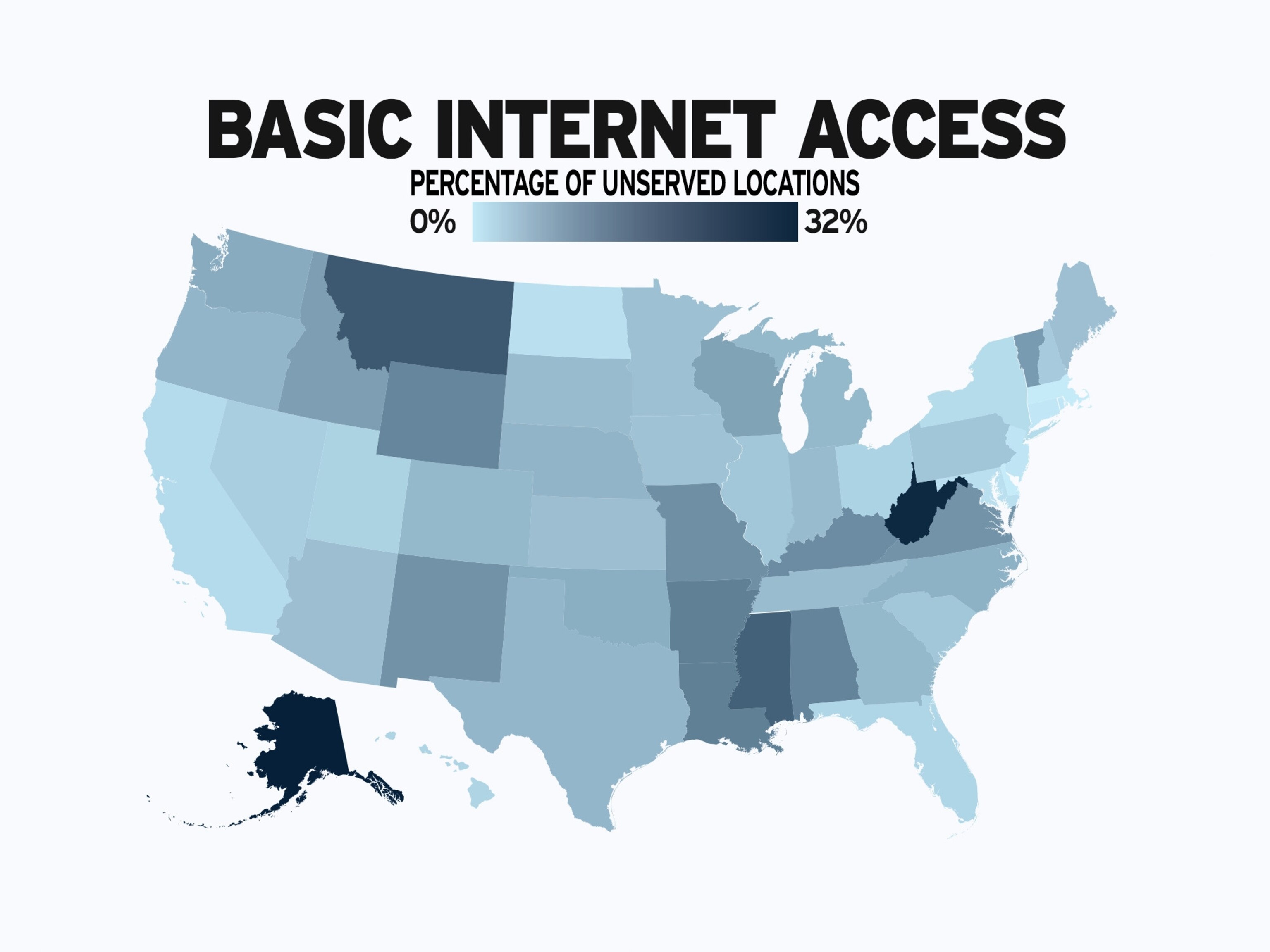 PHOTO: A map shows the percentage of unserved locations by state that lack basic internet service in the U.S.