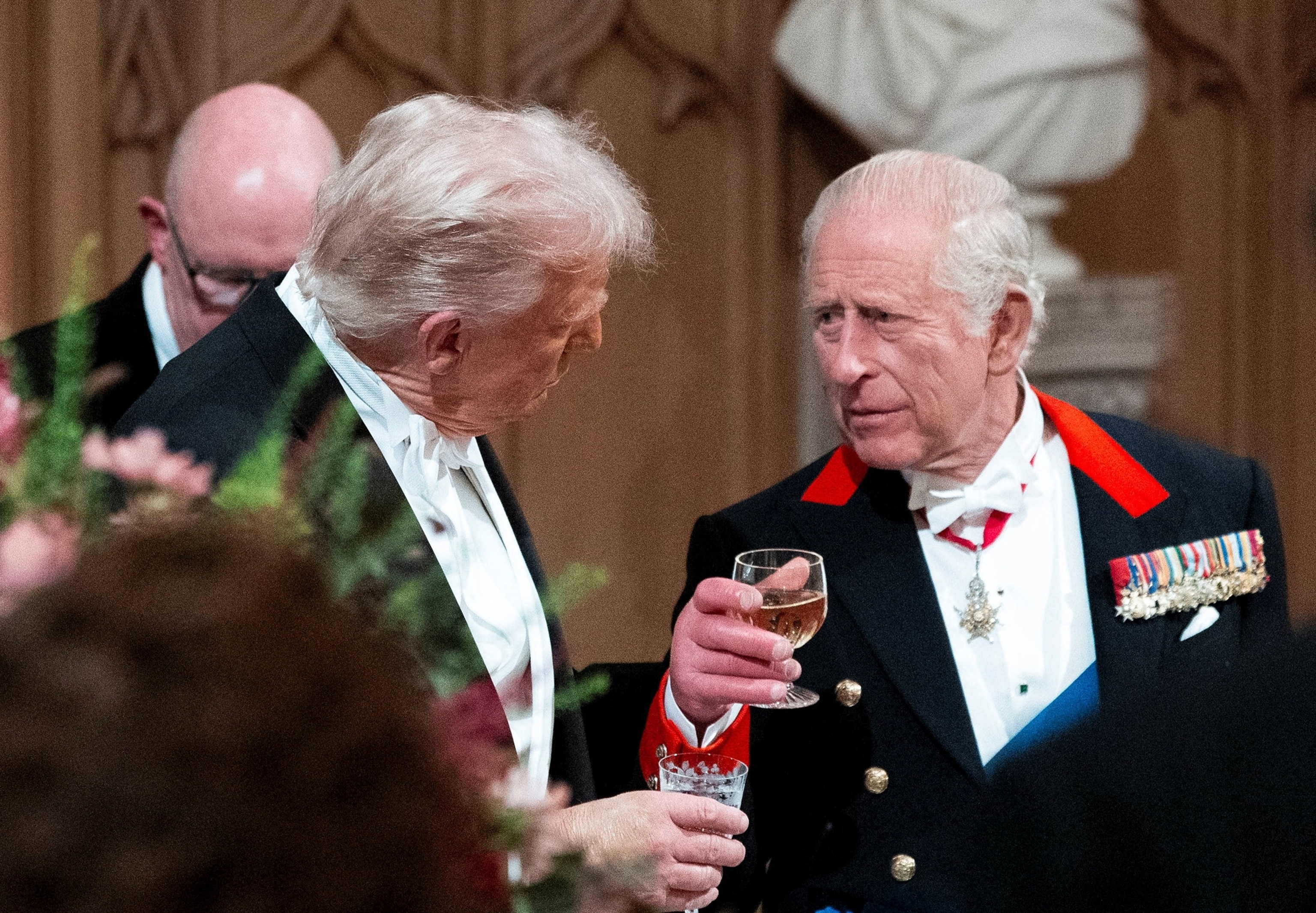 PHOTO: President Donald Trump and Britain's King Charles III toast during an official state banquet at Windsor Castle in Windsor, Britain, September 17, 2025.