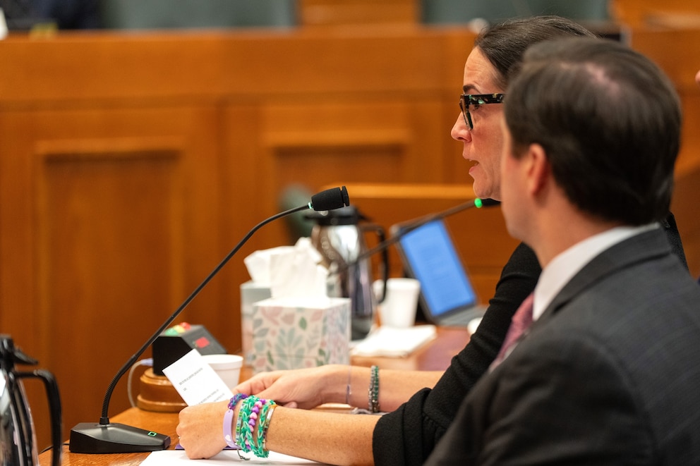 PHOTO: Cici Williams Steward, mother of flood victim Cile Steward, 8, testifies in front of the Senate Disaster Preparedness and Flooding committee at the Texas Capitol in Austin, on Aug. 20, 2025.