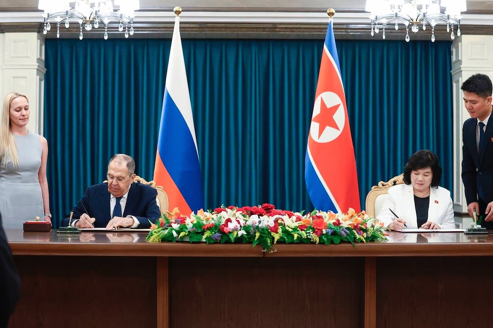 PHOTO: In this photo released by Russian Foreign Ministry Press Service, Russian Foreign Minister Sergey Lavrov, left, and North Korean Foreign Minister Choe Son Hui, right, attend a signing ceremony in Wonsan, North Korea, on Saturday, July 12, 2025. 