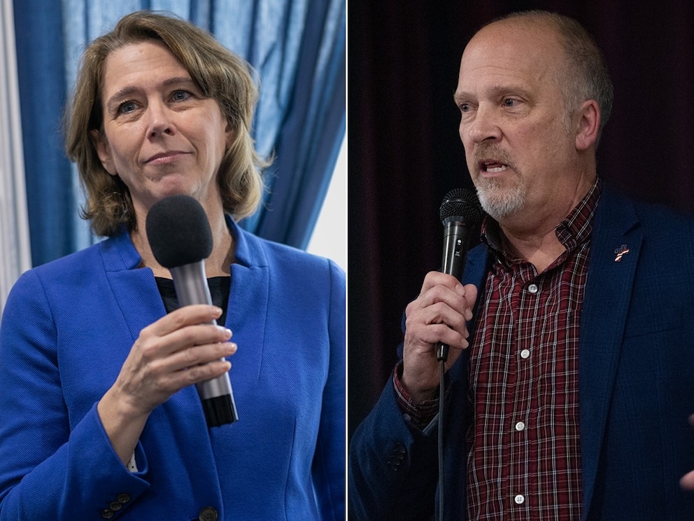PHOTO: Dane County Circuit Court Judge Susan Crawford speaks to supporters, March 29, 2025, in Waukesha, Wis. Circuit Court Judge Brad Schimel, candidate for the Wisconsin Supreme Court, speaks to supporters, March 29, 2025 in Milwaukee.