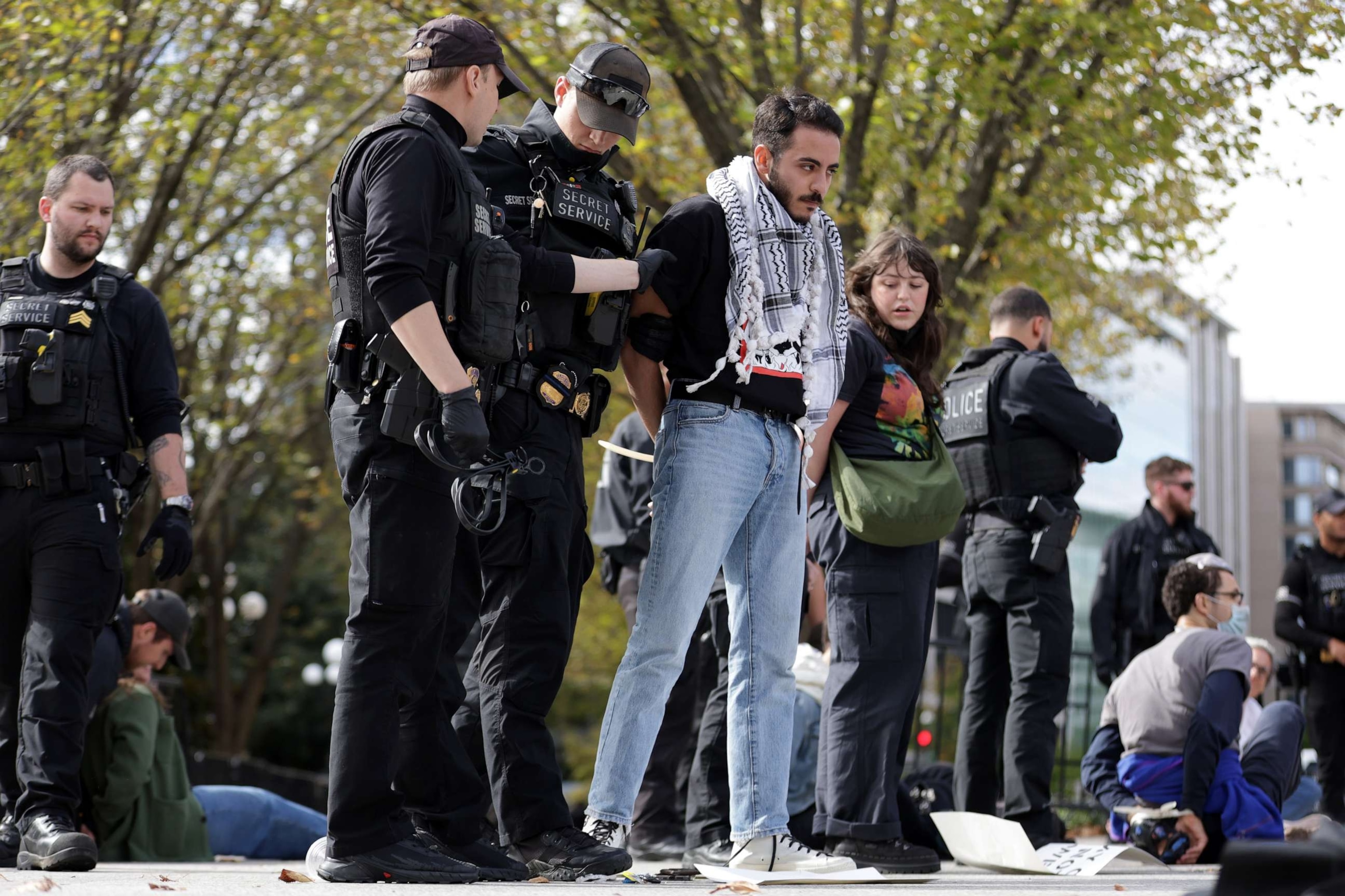 PHOTO: Protestors are arrested by law enforcement personnel during a demonstration to support Gaza outside the White House, Oct. 16, 2023 in Washington.