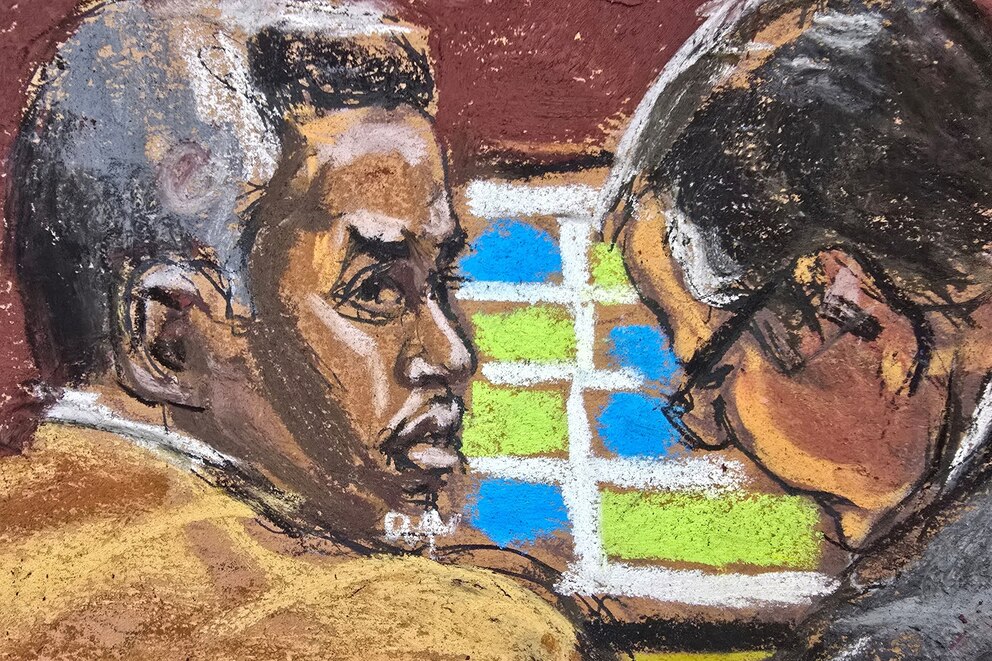 PHOTO: Sean "Diddy" Combs and his defense lawyer Marc Agnifilo watch as Joseph Cerciello is questioned by defense lawyer Teny Geragos during Combs' sex trafficking trial in New York City, June 24, 2025