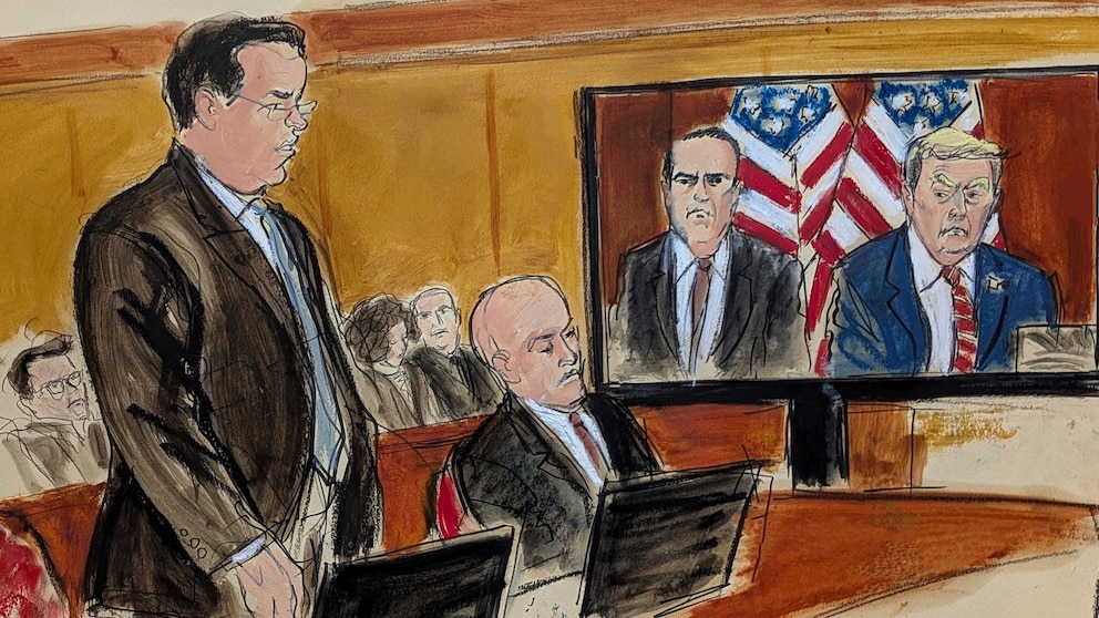 PHOTO: Assistant District Attorney Joshua Steinglass gives his sentencing statement while President-elect Donald Trump watches remotely with his defense attorney Todd Blanche in Manhattan Criminal Court., Jan. 10, 2025, in New York. 