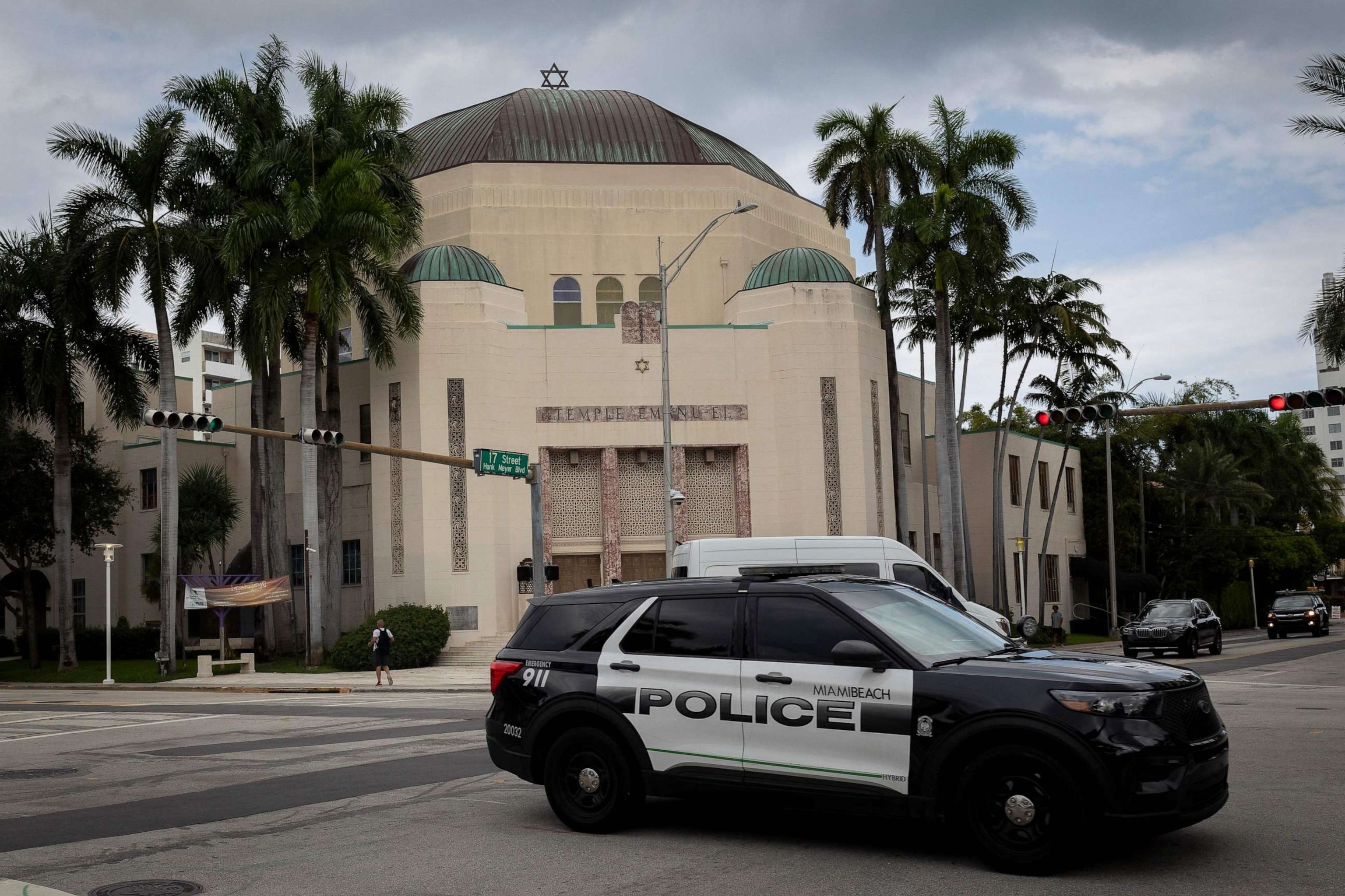 PHOTO: A Miami Beach police patrol drives past Temple Emanu-El synagogue in Miami Beach, Fla., on Oct. 9, 2023, after the Palestinian militant group Hamas launched an attack on Israel.