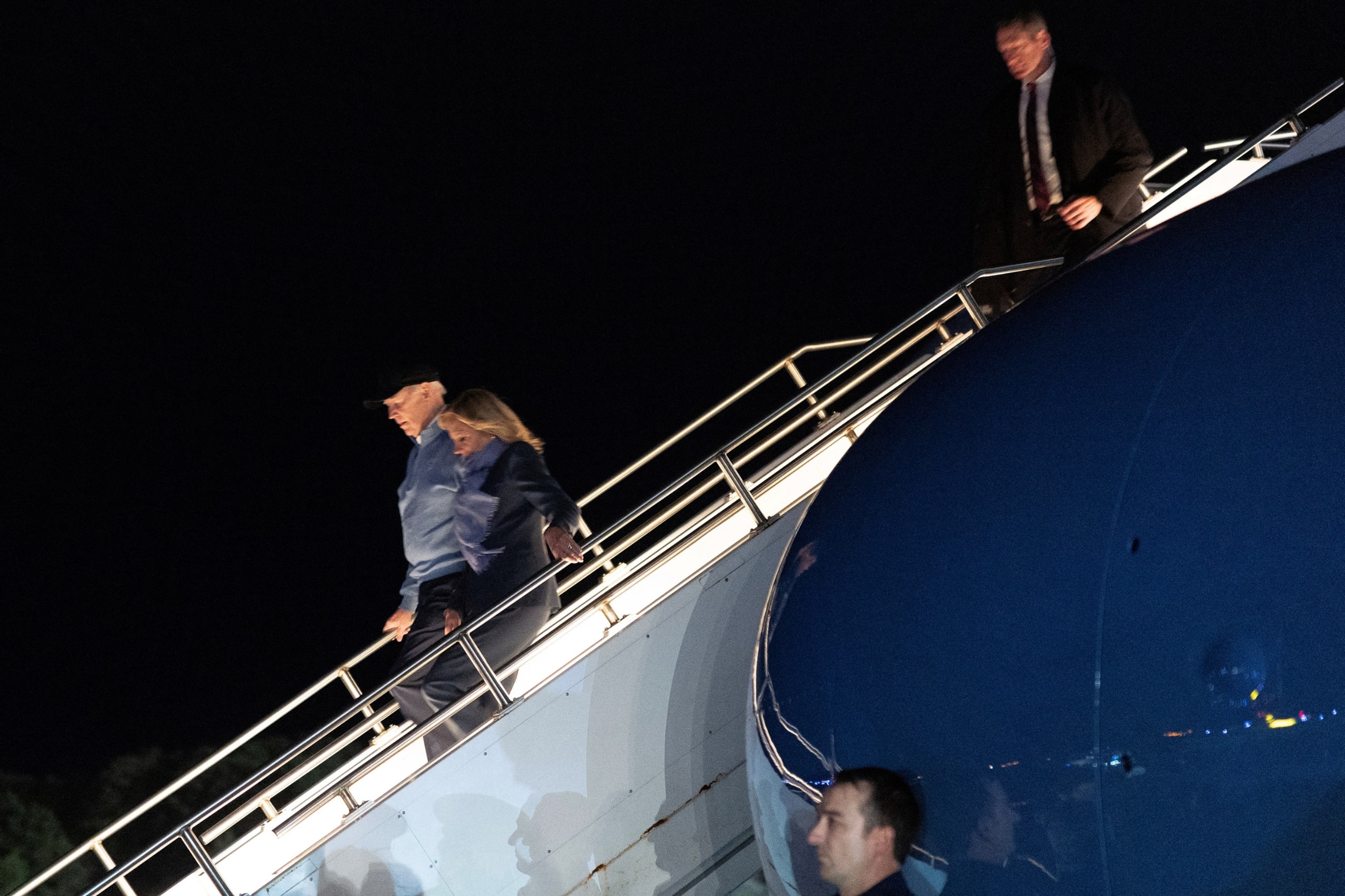 PHOTO: President Joe Biden and First Lady Jill Biden exit Air Force One at Nantucket Memorial Airport, in Nantucket, Nov. 21, 2023.