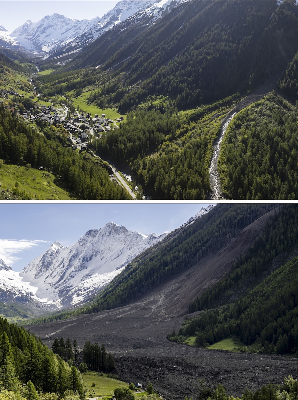 PHOTO: A combo of a picture (top) taken on May 18, 2025, of the village of Blatten, and a picture (bottom) taken on May 29, 2025, one day after a massive avalanche triggered by the collapse of the Birch Glacier demolished the village.