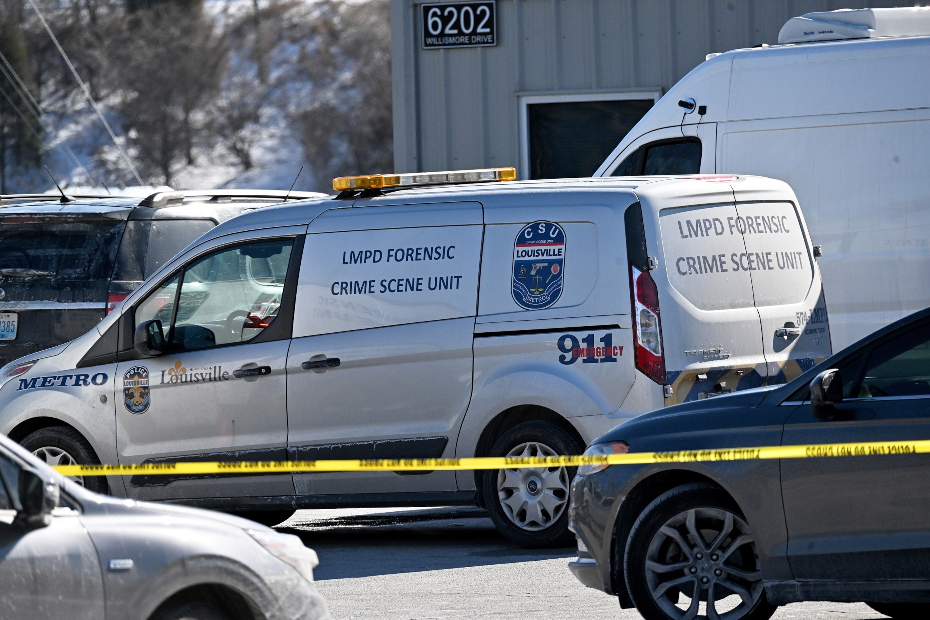 PHOTO: In this Feb. 21, 2025, file photo, a police perimeter is erected at the crime scene at the Fairdale Kentucky branch DMV in Louisville, Kentucky.