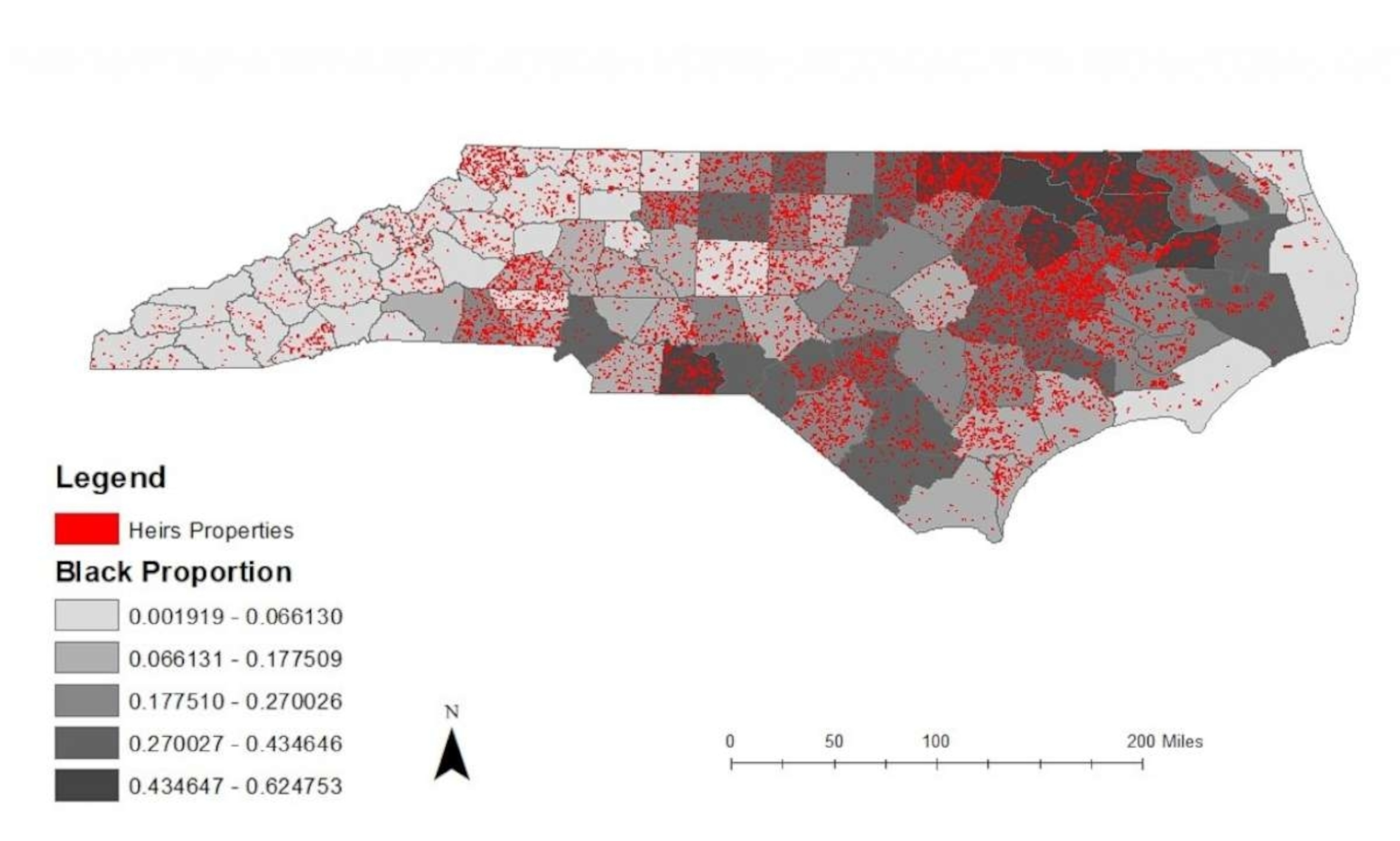 PHOTO: An estimate of Heirs property in North Carolina developed in partnership with Winston Salem State University's Spatial Justice Lab and the North Carolina Uniform Partition of Heirs' Property Act Coalition.