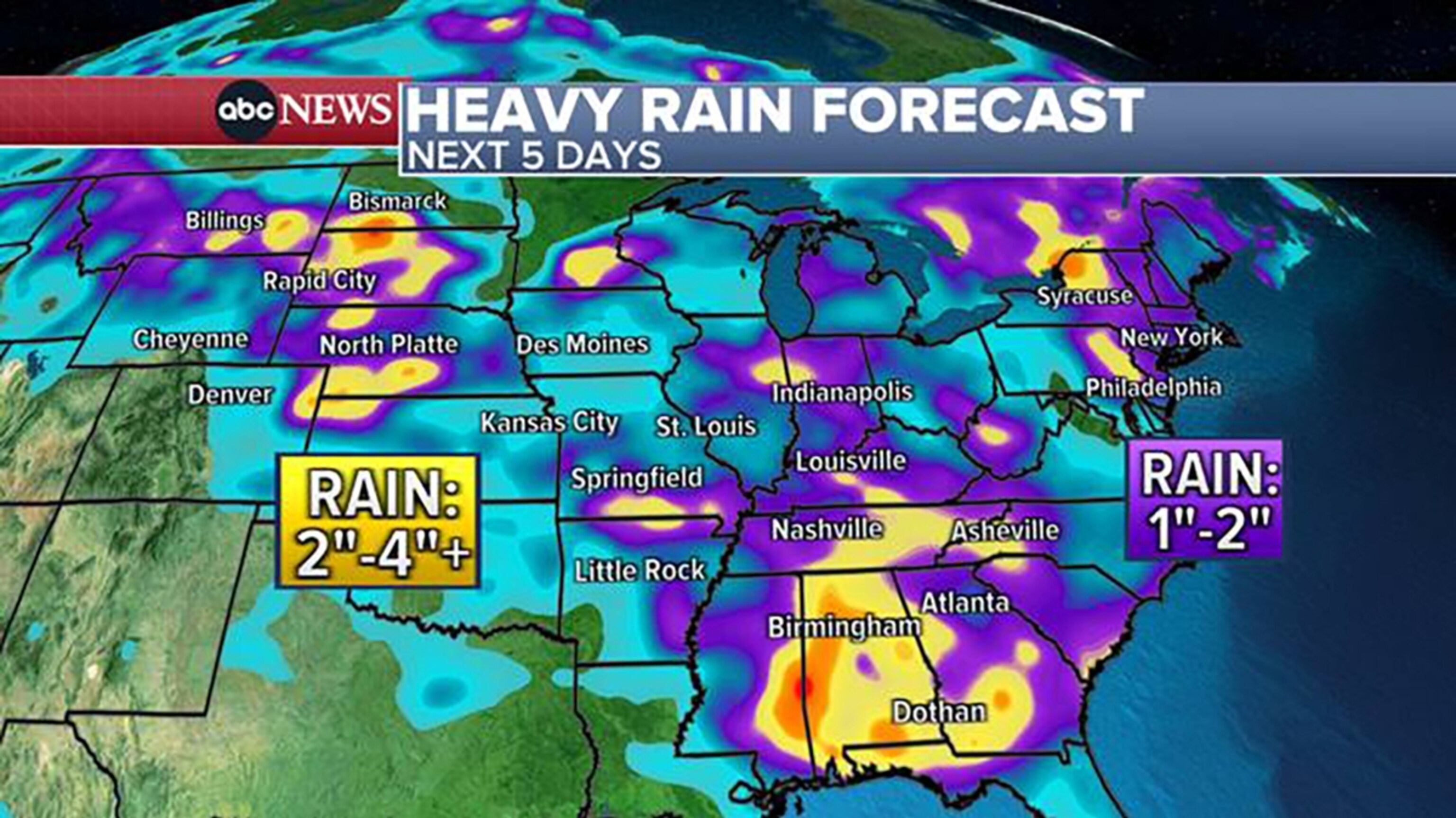 PHOTO: A weather map shows the forecast for heavy rains over the next 5 days over the central and eastern U.S., Aug. 3, 2023.