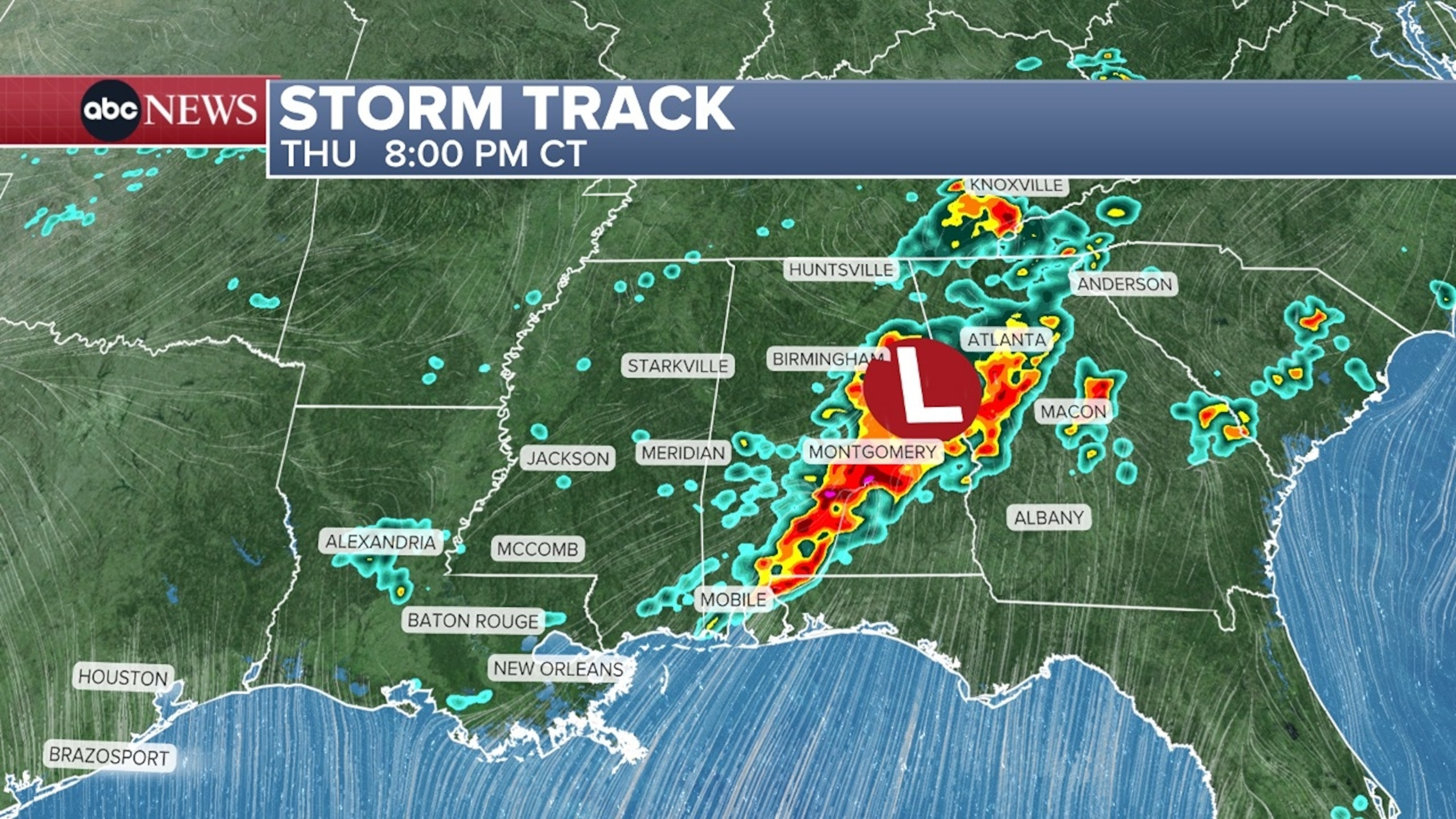 PHOTO: 8pm Thursday, heavy rain from Atlanta to Montgomery to Mobile. 