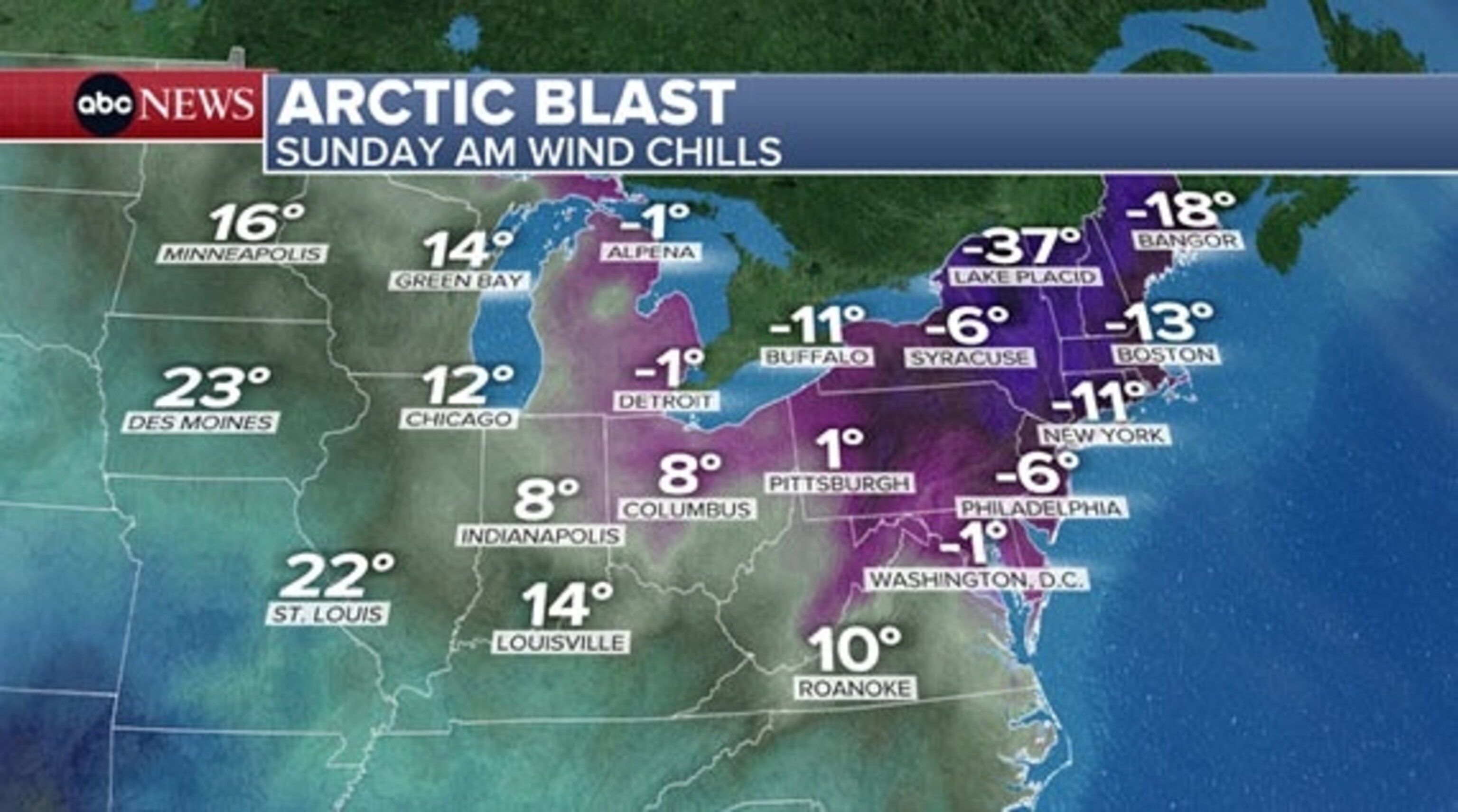 FOTO: mapa meteorológico del domingo por la explosión ártica