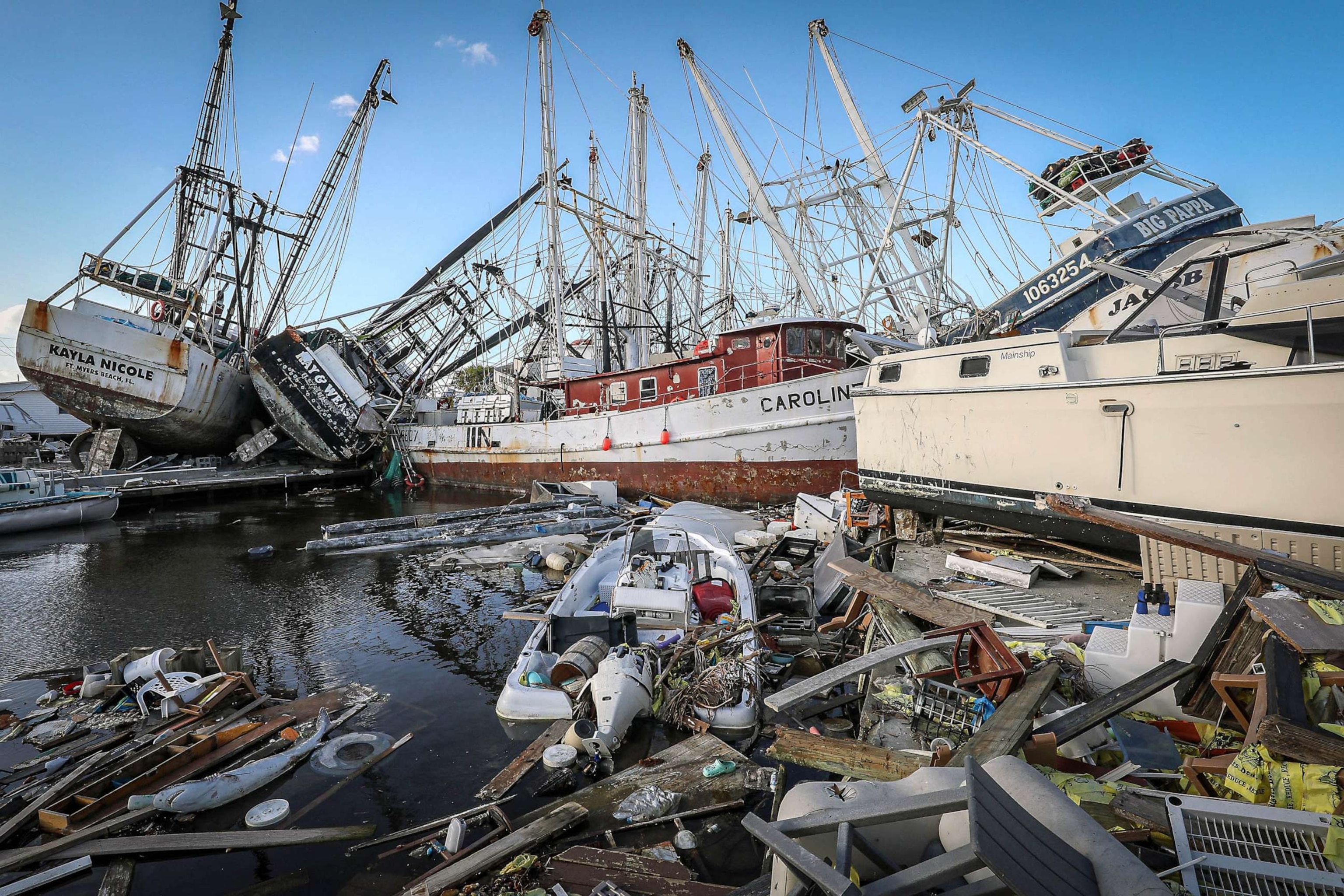 PHOTO: In this Nov. 7, 2022, file photo, boats piled up and destroyed by Hurricane Ian are seen on San Carlos Island in Fort Myers Beach, Fla.