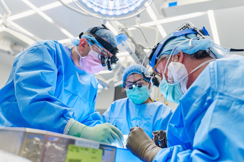 PHOTO: Dr. Jeffrey Stern and Dr. Robert Montgomery, prepare the gene-edited pig kidney with thymus for transplant into Pisano on April 12, 2024, at NYU Langone Health’s Kimmel Pavilion.