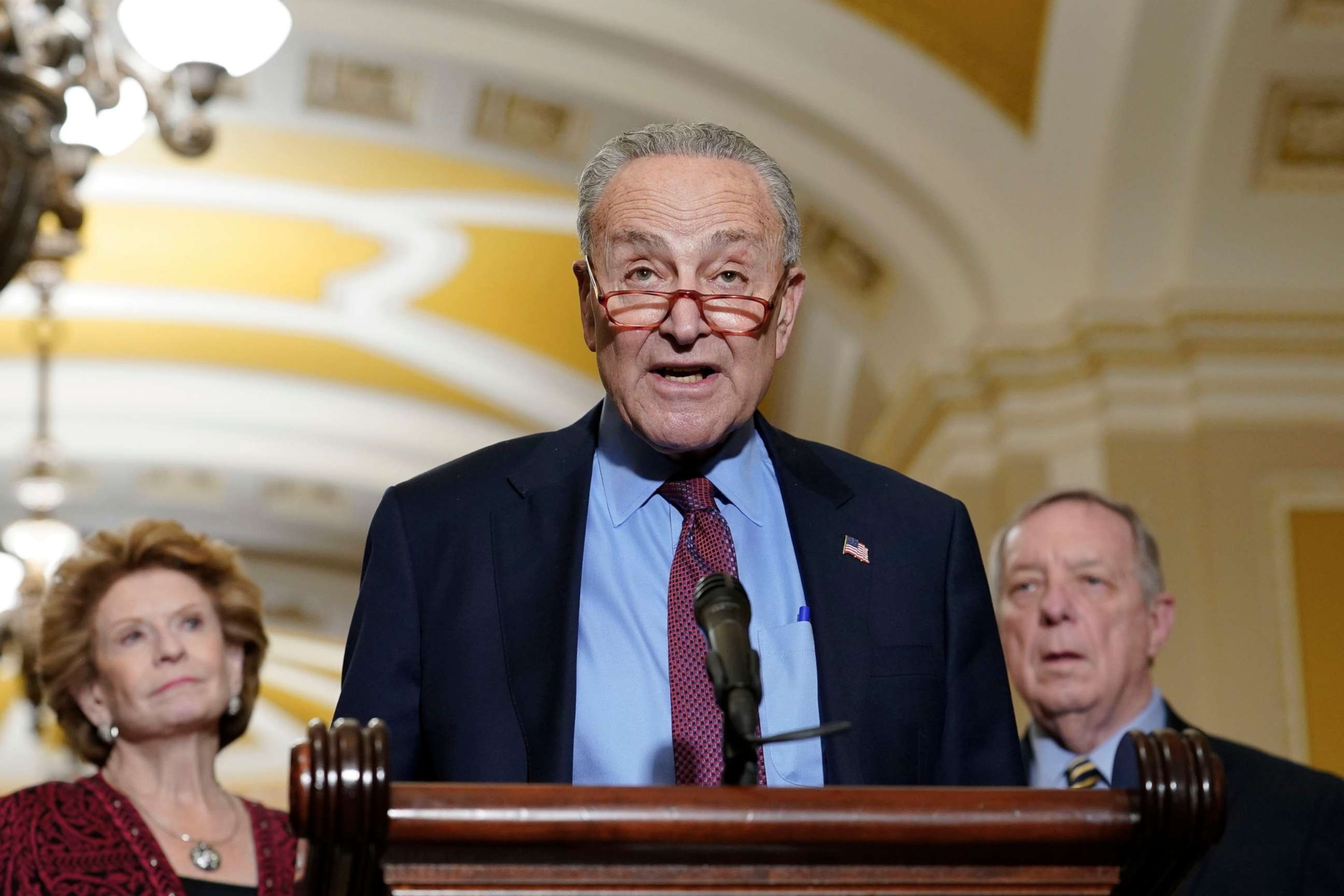 PHOTO: Senate Majority Leader Chuck Schumer, Sen. Dick Durbin, right, and Sen. Debbie Stabenow, left speak during a news conference with members of Senate Democratic leadership, Dec. 6, 2022, on Capitol Hill in Washington.