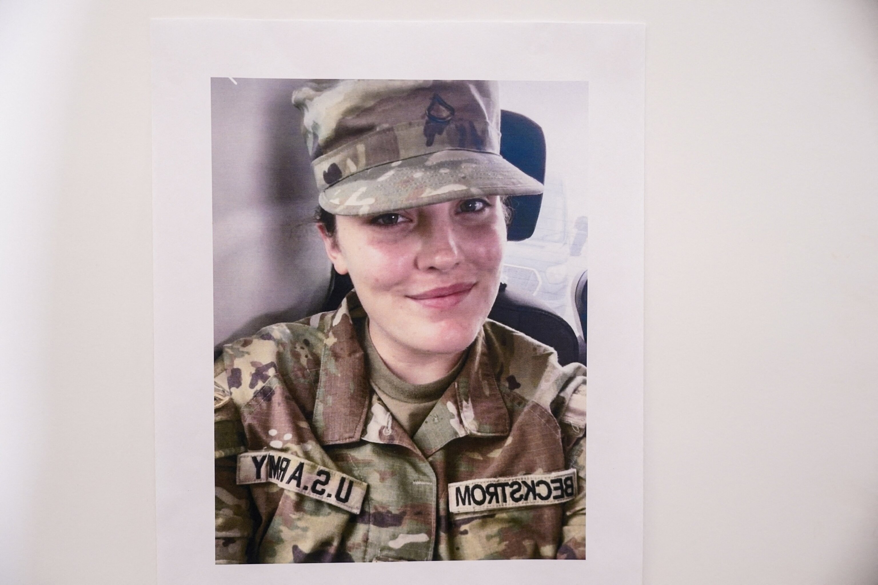 PHOTO: A picture of National Guard member Sarah Beckstrom is displayed at a press conference, after Beckstrom and National Guard member Andrew Wolfe were shot in Washington, D.C., Nov. 27, 2025. 