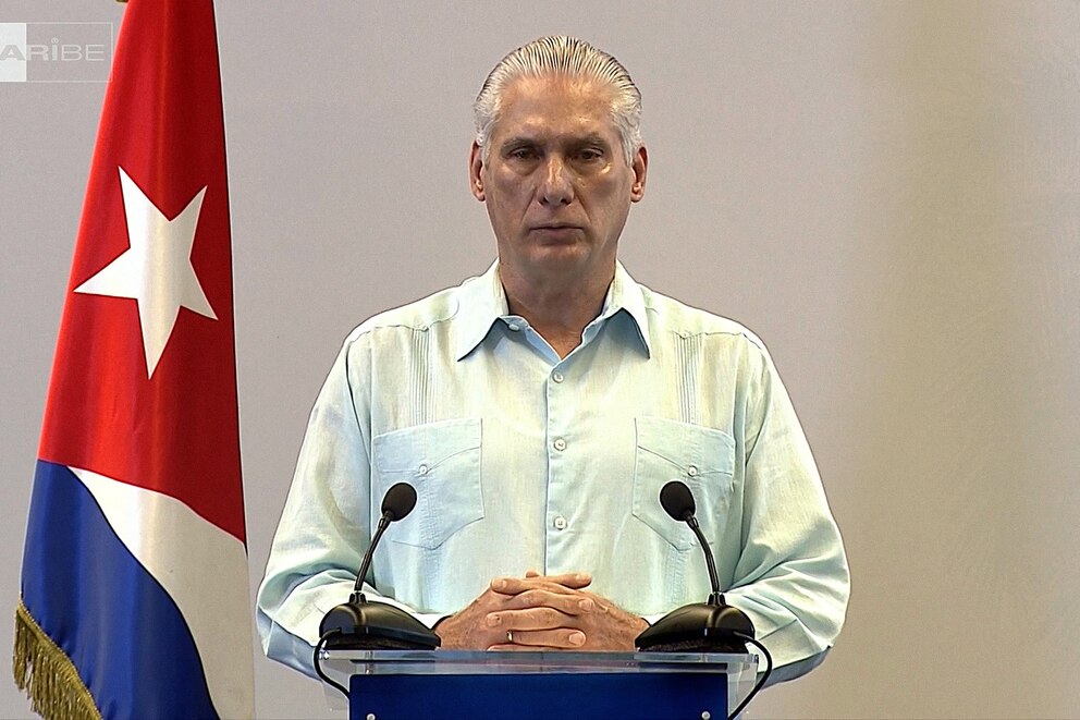 PHOTO: In this screen grab from footage broadcast by Cuban official TV on March 13, 2026, Cuba's President Miguel Diaz-Canel speaks during a meeting with the communist-governed island's top authorities in Havana.