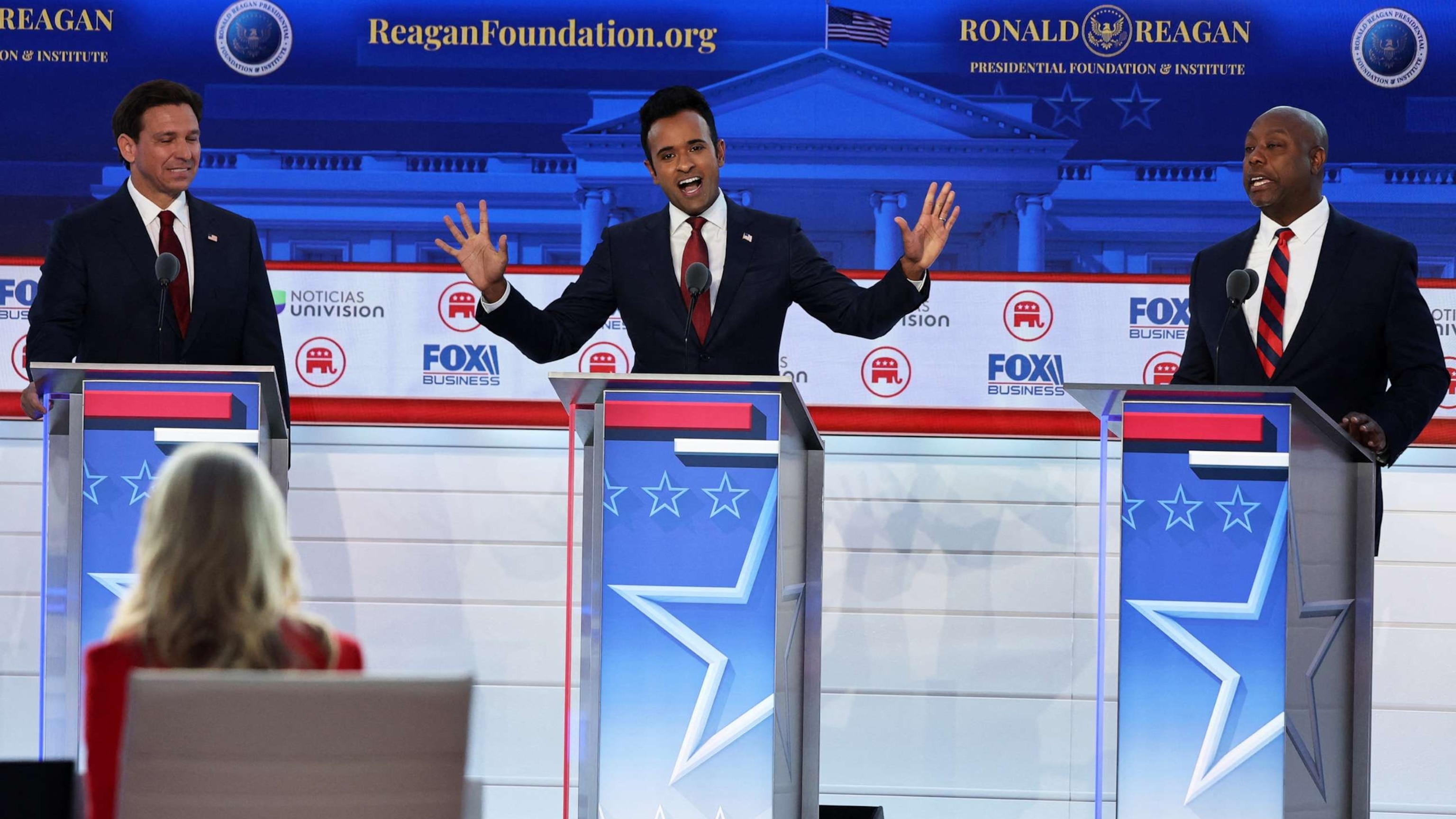 PHOTO: Fla. Gov. Ron DeSantis, executive Vivek Ramaswamy and Sen. Tim Scott debate during the second Republican candidates' debate of the 2024 U.S. presidential campaign at the Ronald Reagan Presidential Library in Simi Valley, Calif., on Sept. 27, 2023.