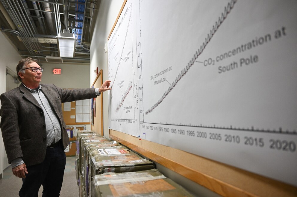 PHOTO: Dr. Tim Lueker discusses the importance of long-term atmospheric carbon dioxide monitoring as part of the Keeling Curve study at UC San Diego's Scripps Institution of Oceanography, April 11, 2025. 