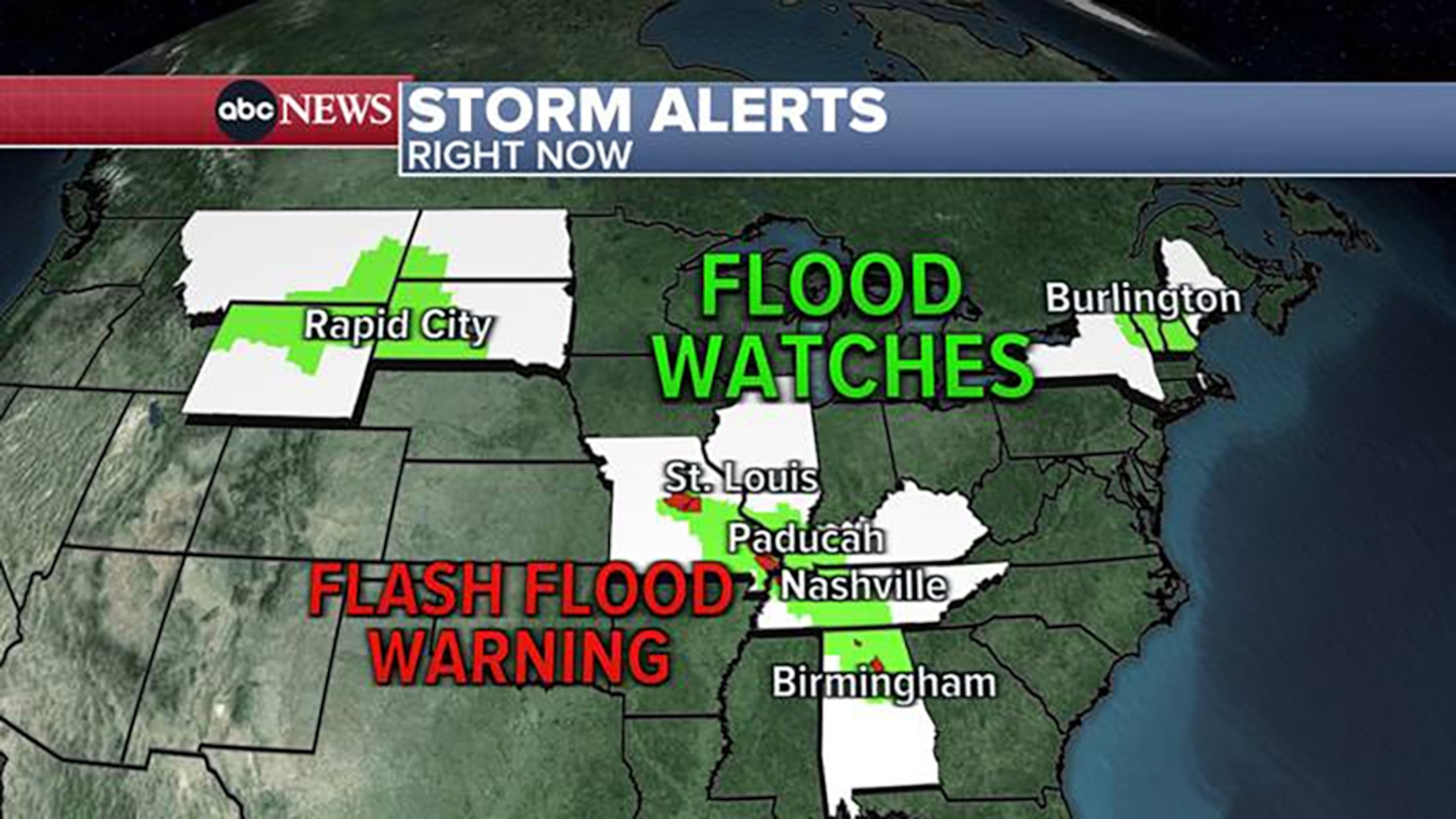 PHOTO: A weather map shows flood watches and flash flood warnings for areas from Missouri to Alabama, Aug. 4, 3023.