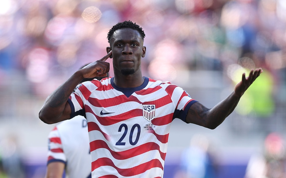Folarin Balogun #20 of the United States celebrates scoring his team's first goal during the FIFA World Cup 2026 Round of 32 match between USA and Bosnia and Herzegovina at San Francisco Bay Area Stadium on July 1, 2026, in Santa Clara, California.